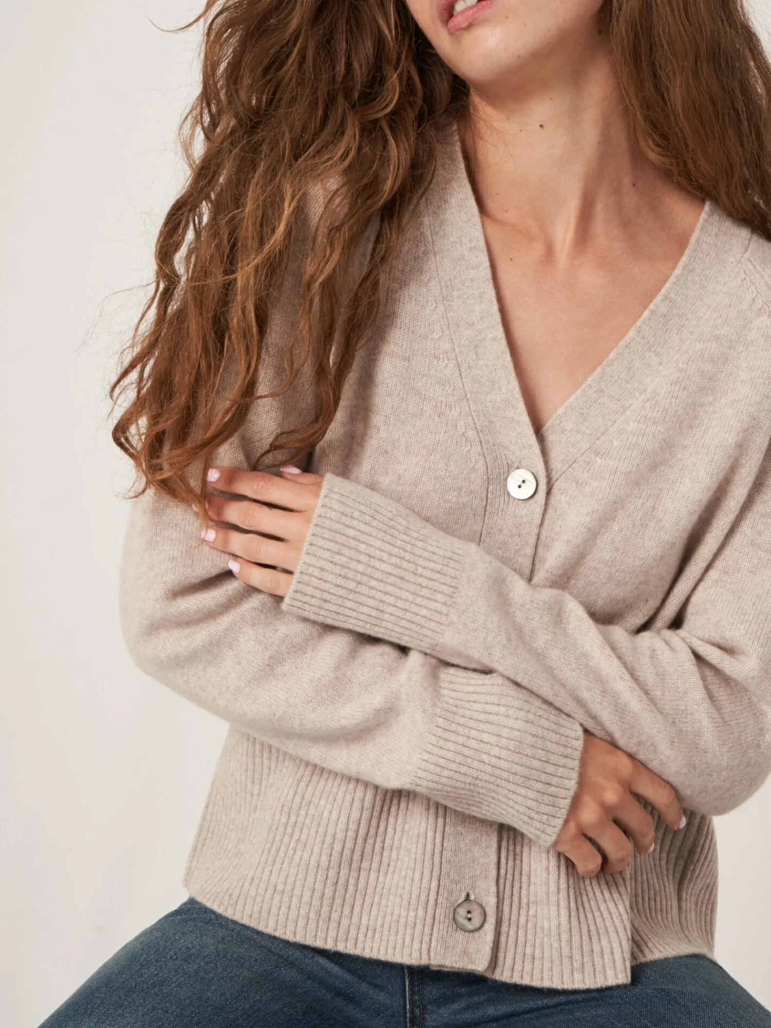 New Geknoopt Cashmere Vest Met Geribde V-Hals Dames Vesten