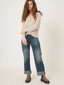 New Geknoopt Cashmere Vest Met Geribde V-Hals Dames Vesten