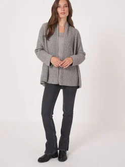 Best Geribd Open Vest Met Sjaalkraag En 3/4 Mouwen Met Omslag Dames Vesten