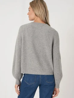 Best Sale Geribde Cashmere Cardigan Met Pofmouwen Dames Vesten