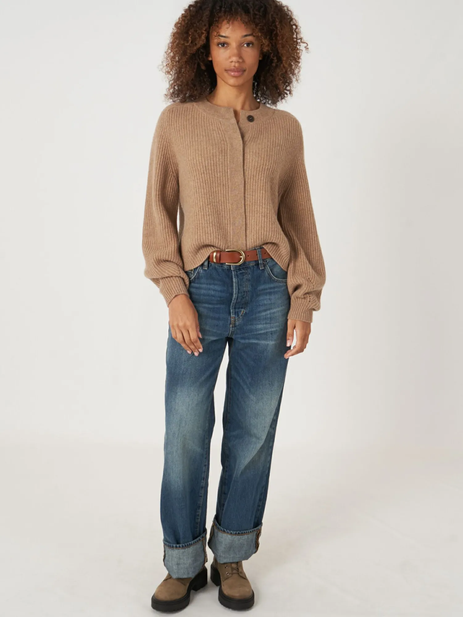 Cheap Geribde Cashmere Cardigan Met Pofmouwen Dames Vesten