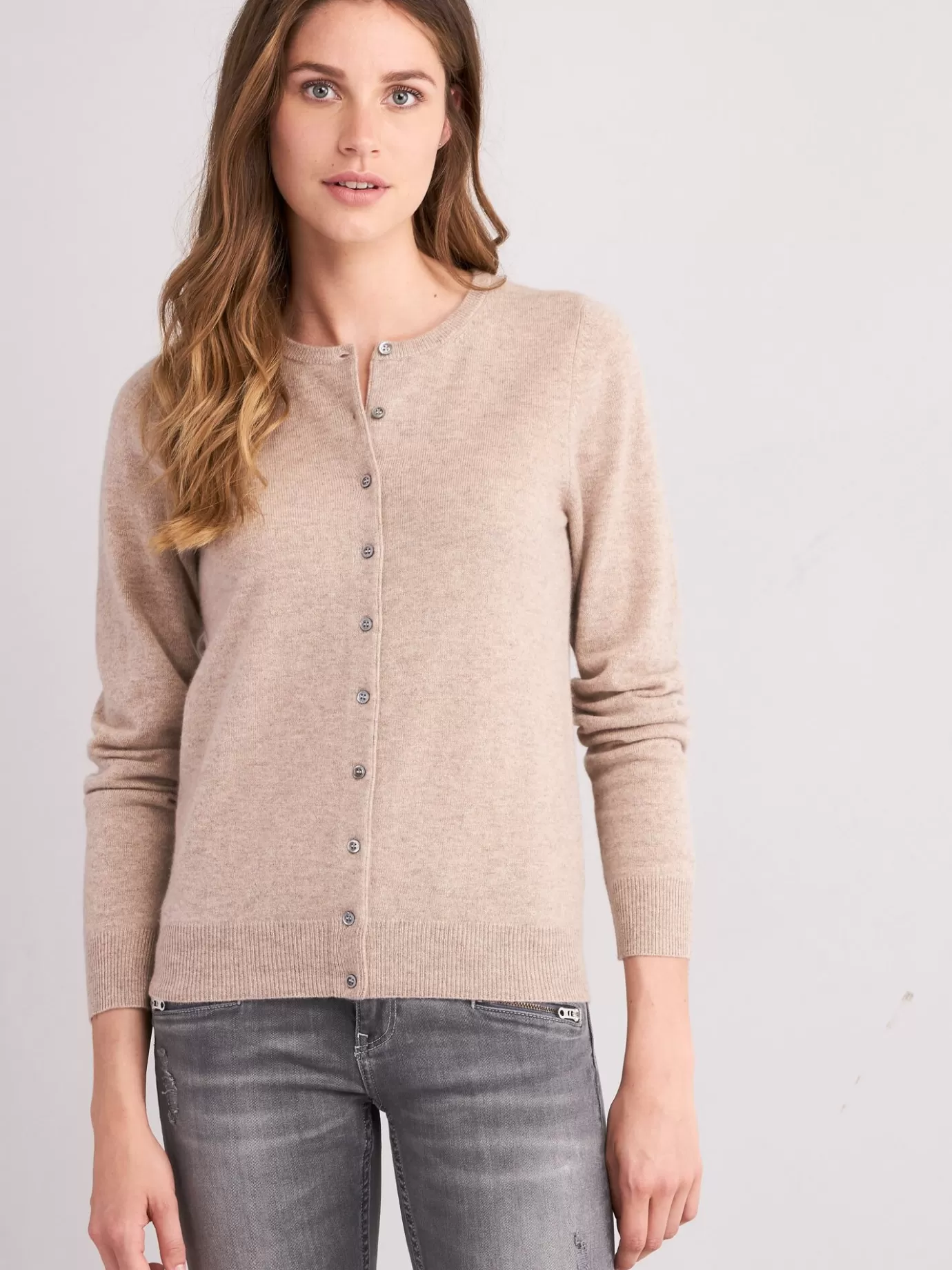 REPEAT cashmere Vesten<Basic Cashmere Cardigan Met Ronde Hals Zand