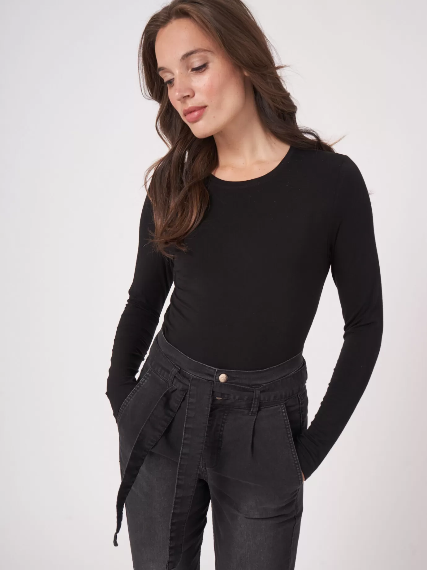 REPEAT cashmere Tops<Basic Damestop Met Lange Mouwen Zwart