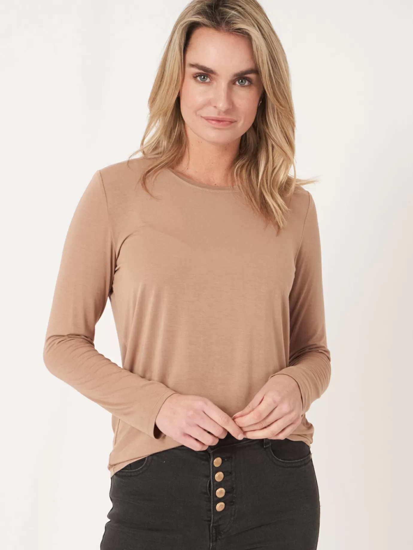 REPEAT cashmere Tops<Basic Damestop Met Lange Mouwen Kameel