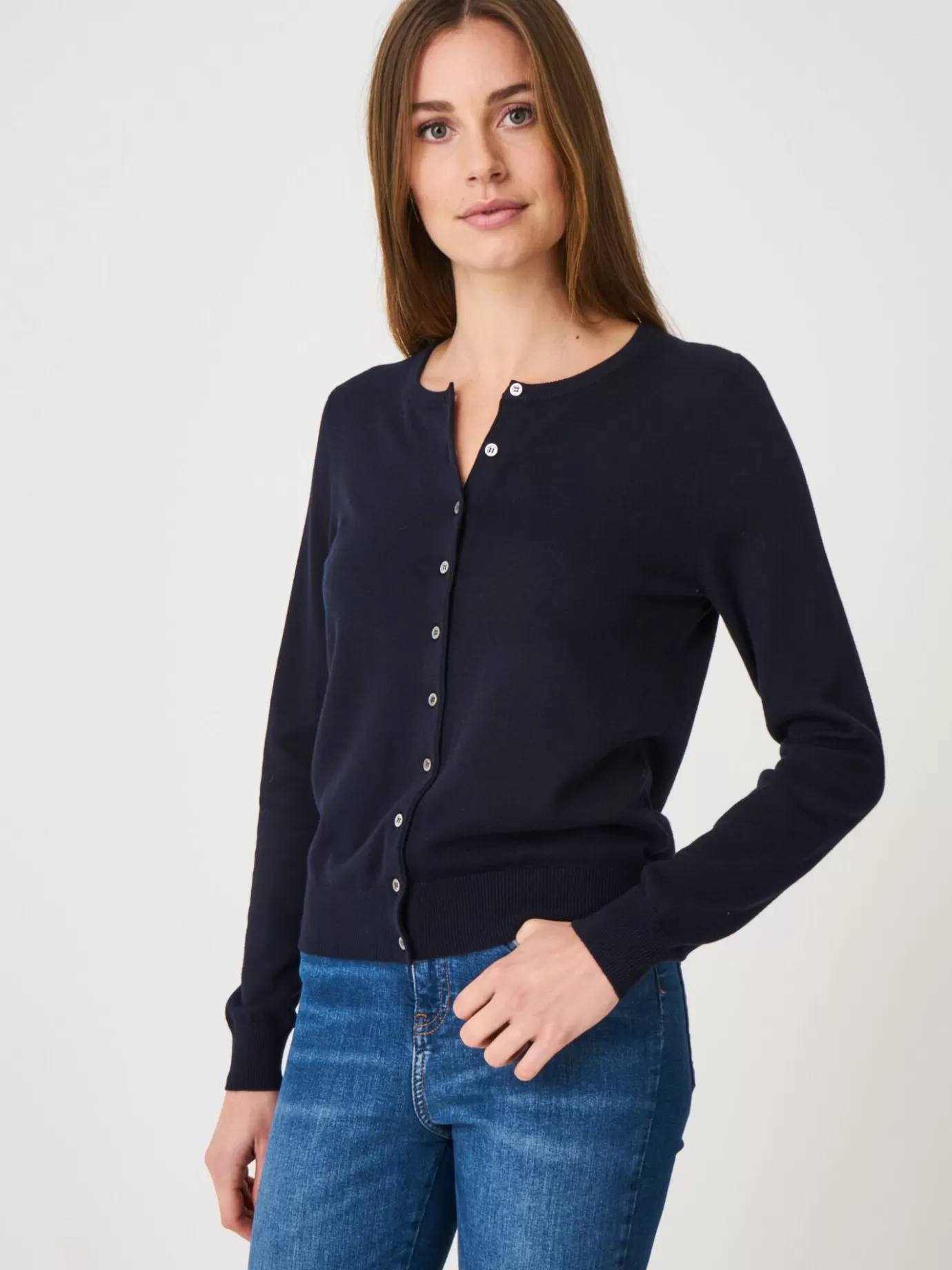 REPEAT cashmere Vesten<Basic Fijn Gebreid Cardigan In Katoenmix Marine