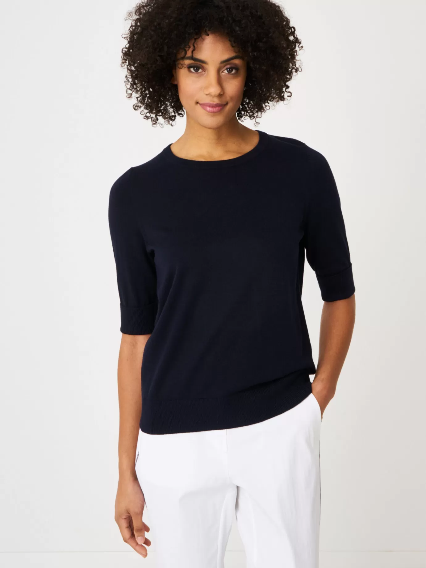 REPEAT cashmere Truien<Basic Fijngebreide Trui Met Korte Mouwen Marine