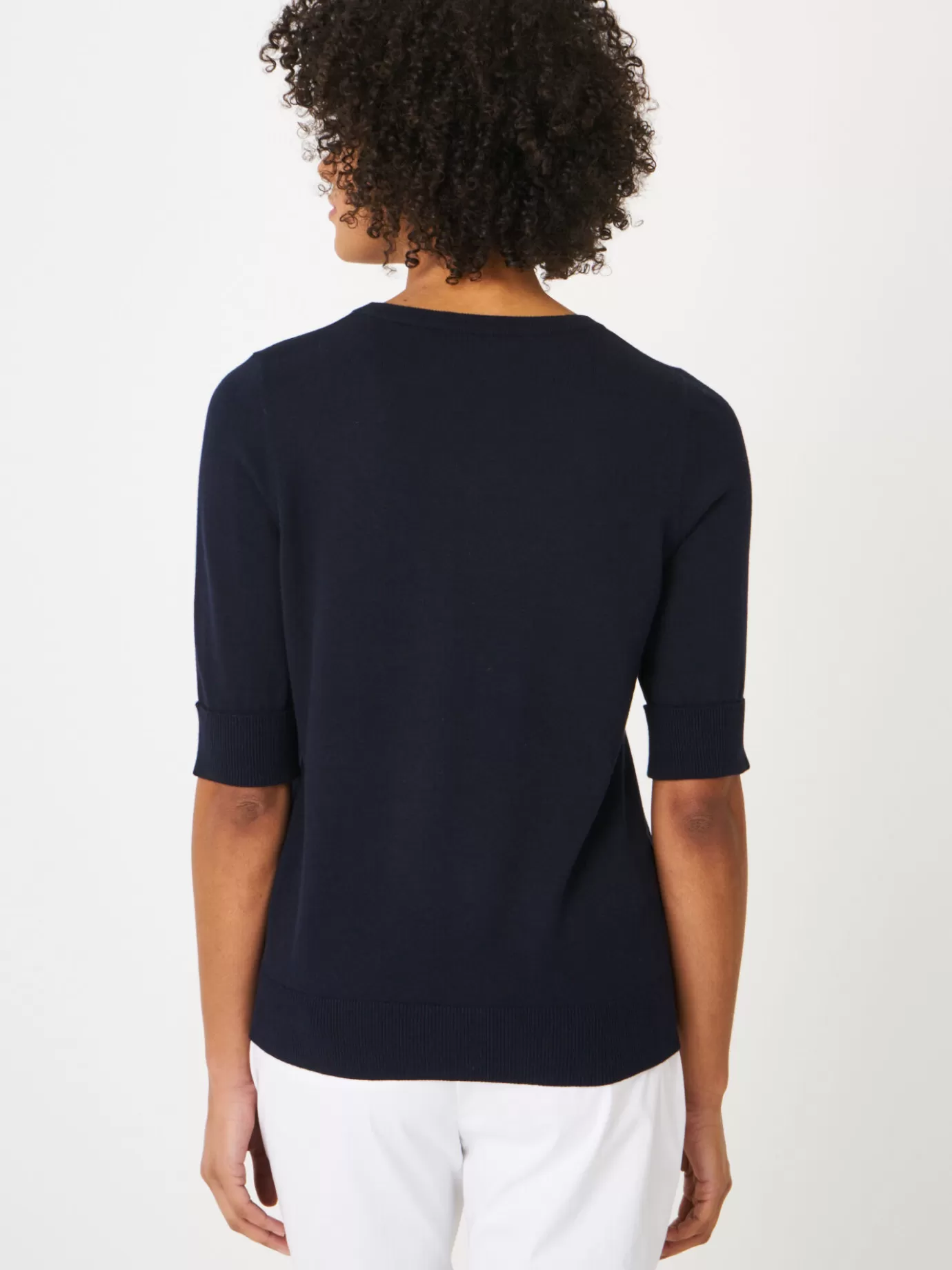 REPEAT cashmere Truien<Basic Fijngebreide Trui Met Korte Mouwen Marine