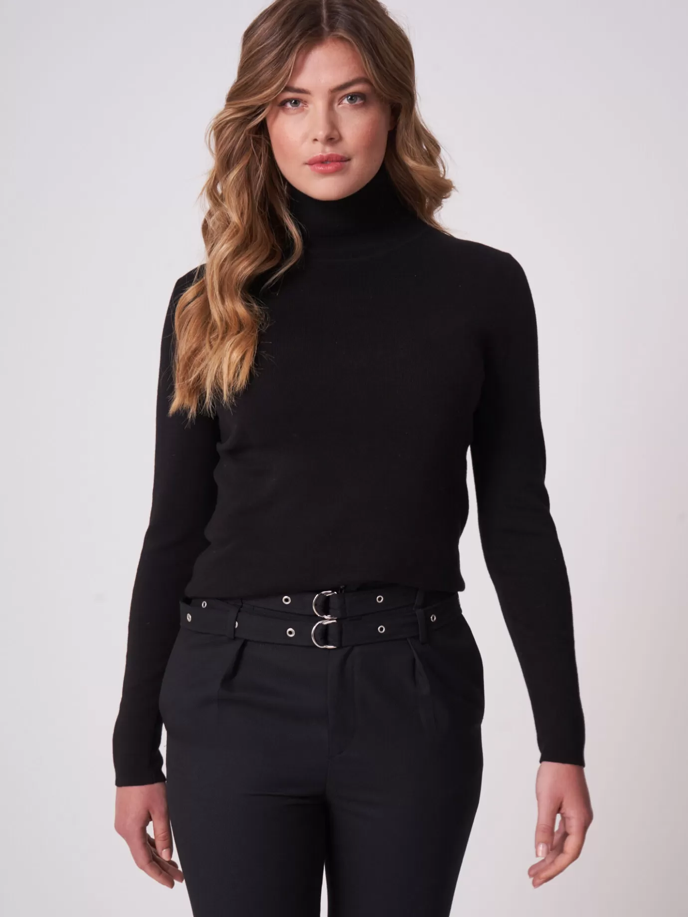 REPEAT cashmere Truien<Basic Katoenen Trui Met Rolkraag Zwart