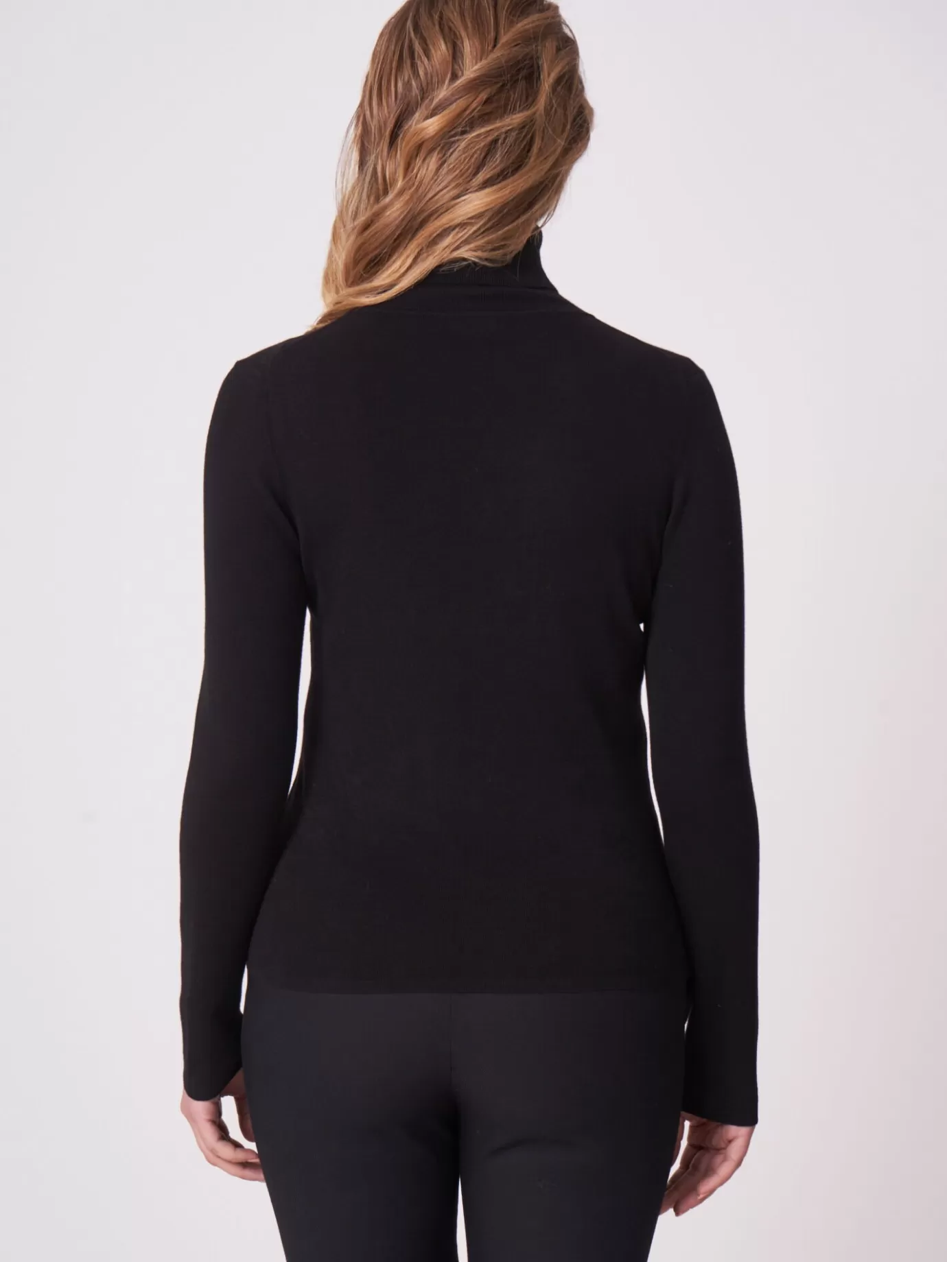 REPEAT cashmere Truien<Basic Katoenen Trui Met Rolkraag Zwart