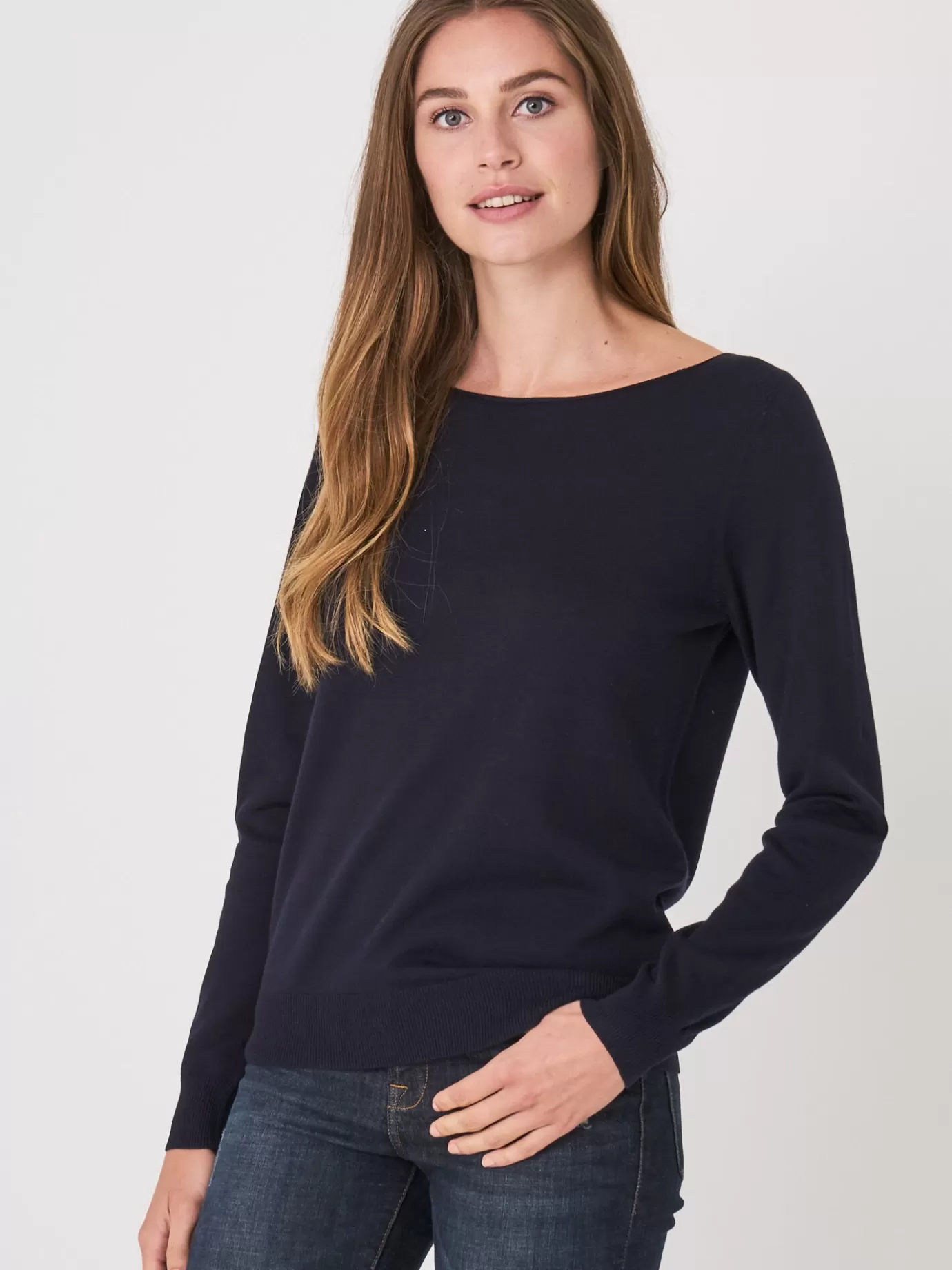 REPEAT cashmere Truien<Basic Trui Met Boothals Van Katoenmix Marine