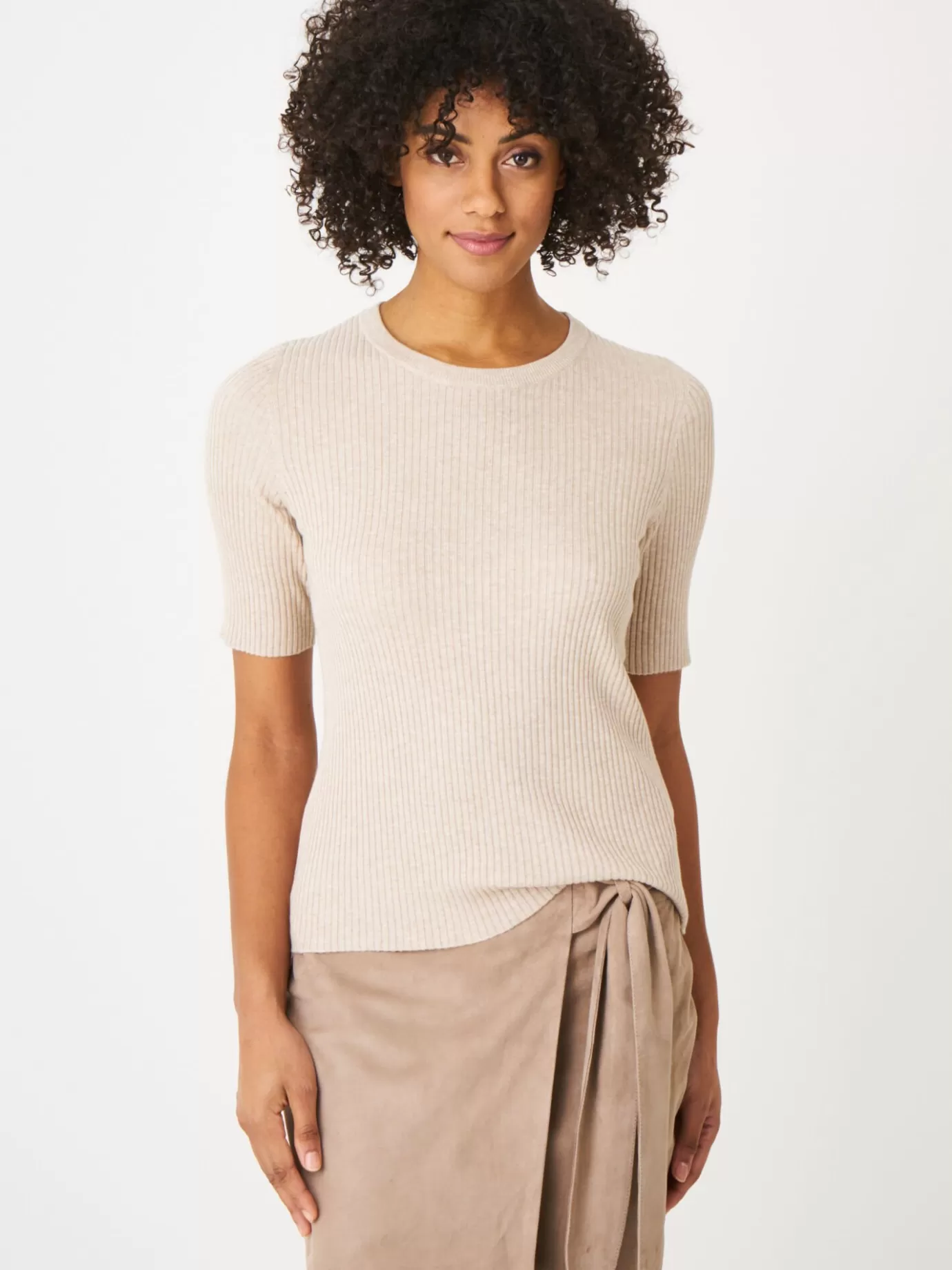 REPEAT cashmere Truien<Basic Trui Met Korte Mouwen Beige