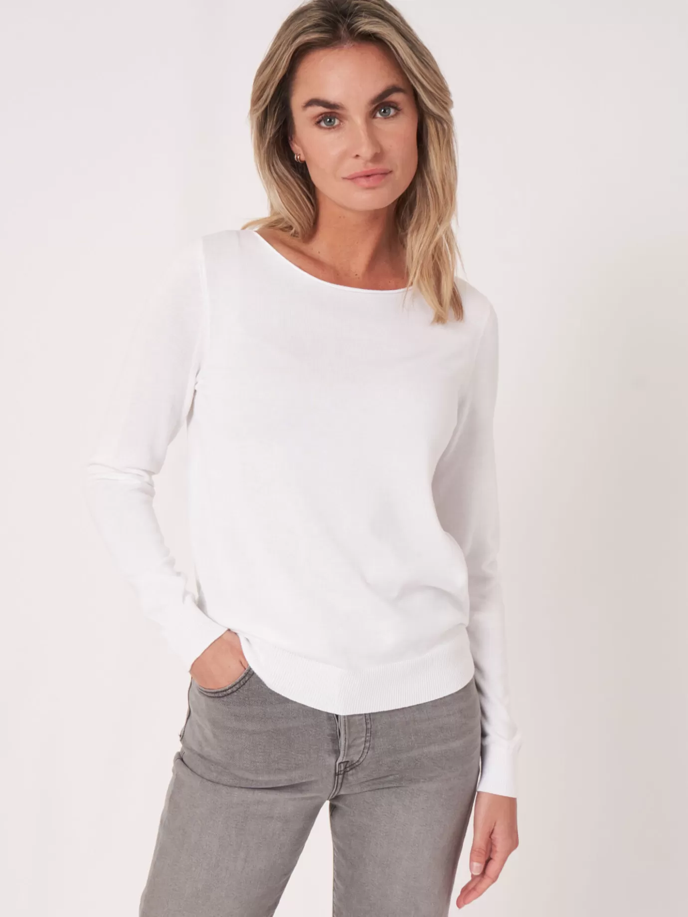 REPEAT cashmere Truien<Basic Trui Met Lange Mouwen In Katoenmix Wit