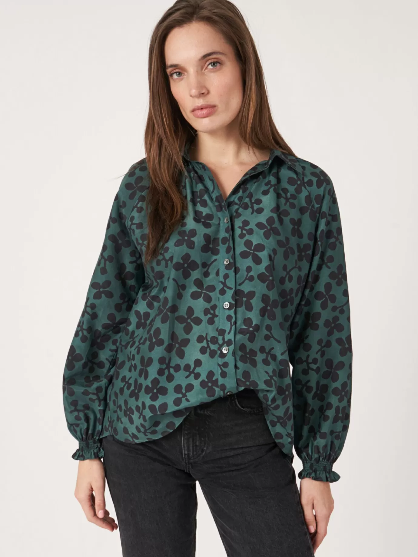 REPEAT cashmere Blouses<Blouse Met Bloemenprint Van Katoen-Zijde-Mix Kelp