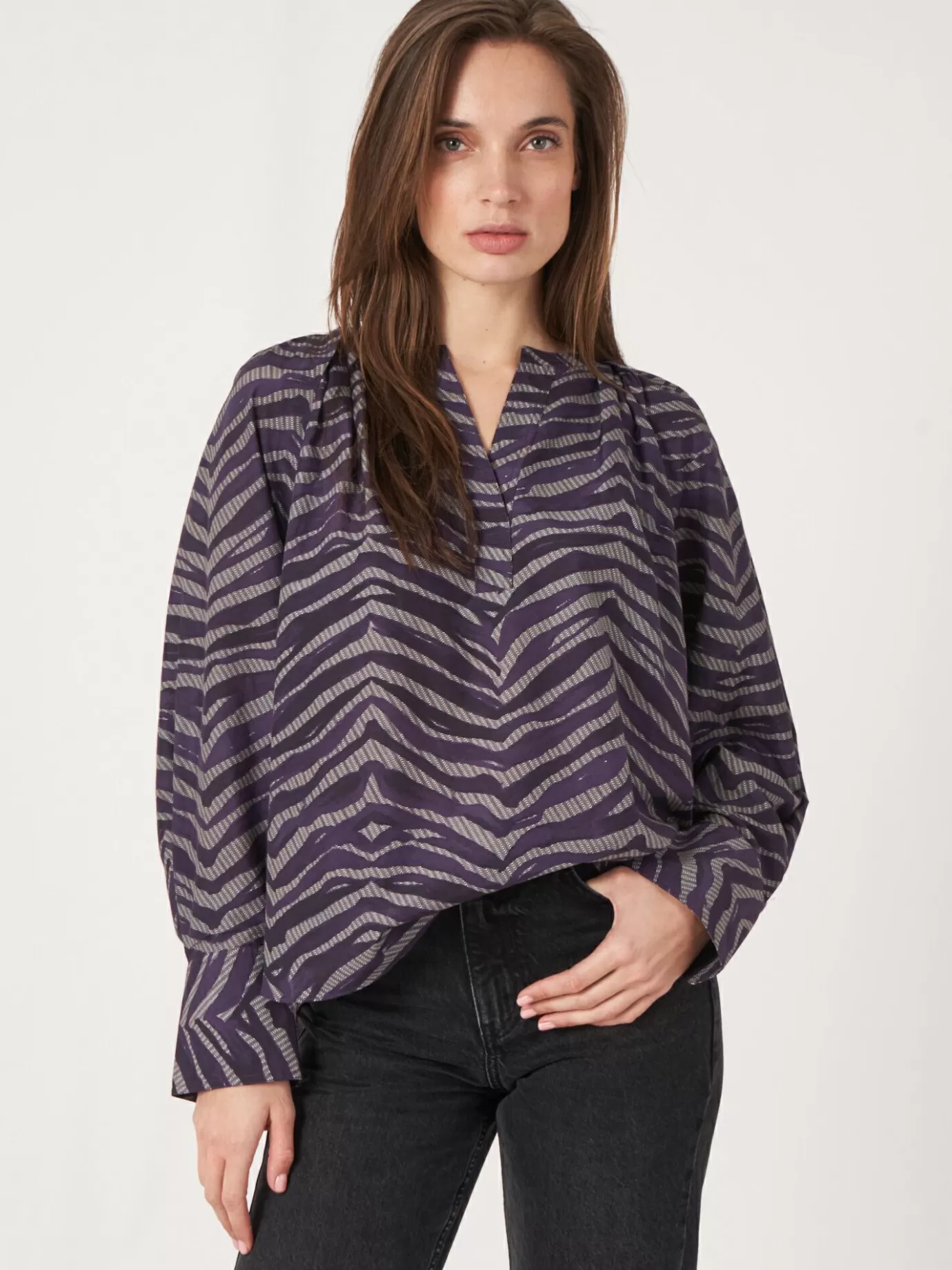 REPEAT cashmere Blouses<Blouse Met Zebraprint Van Katoen-Zijde-Mix Amethist