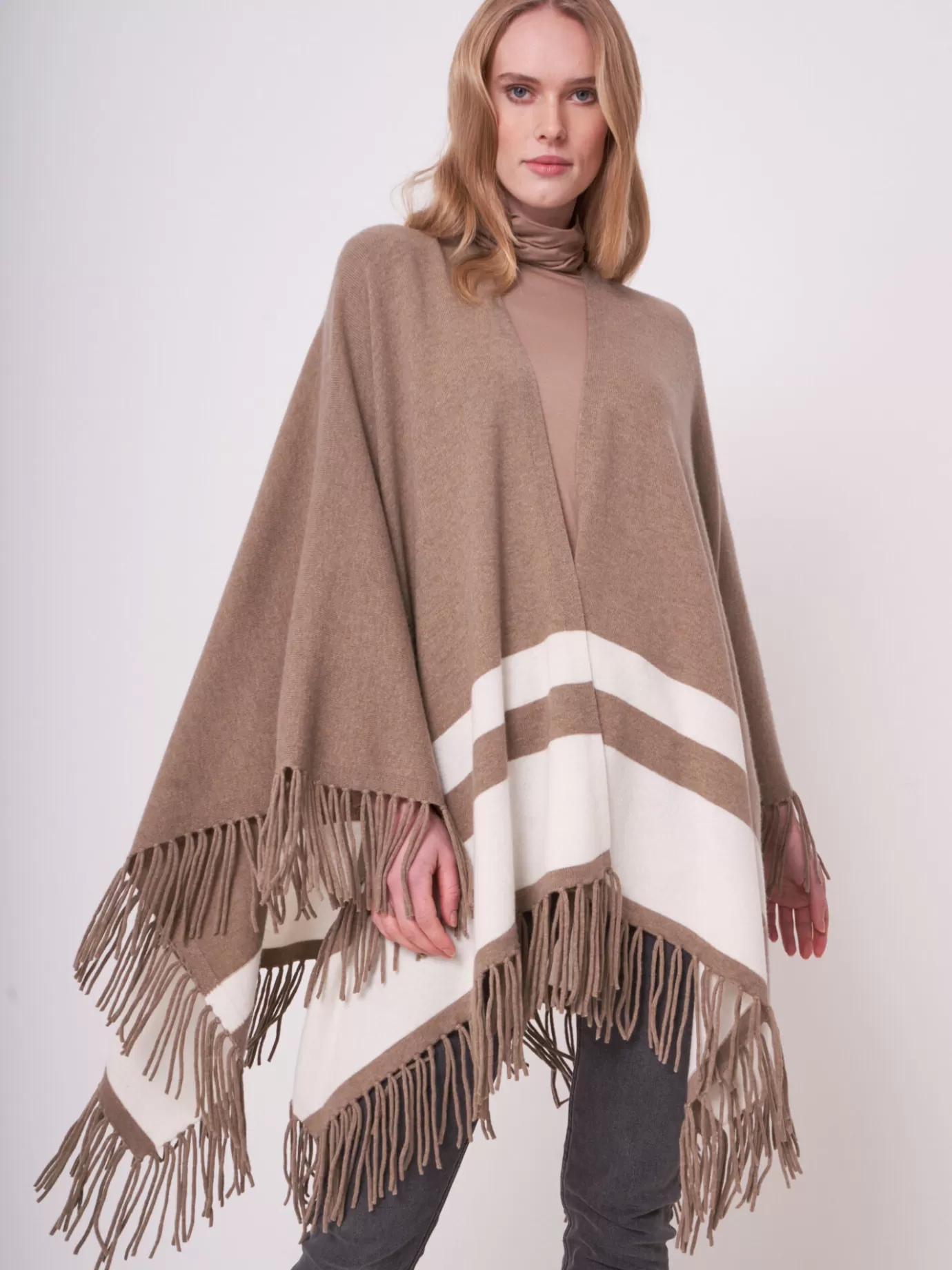 REPEAT cashmere Poncho's<Cape Met Strepen En Franje Van Cashmere Melange Taupe/Creme