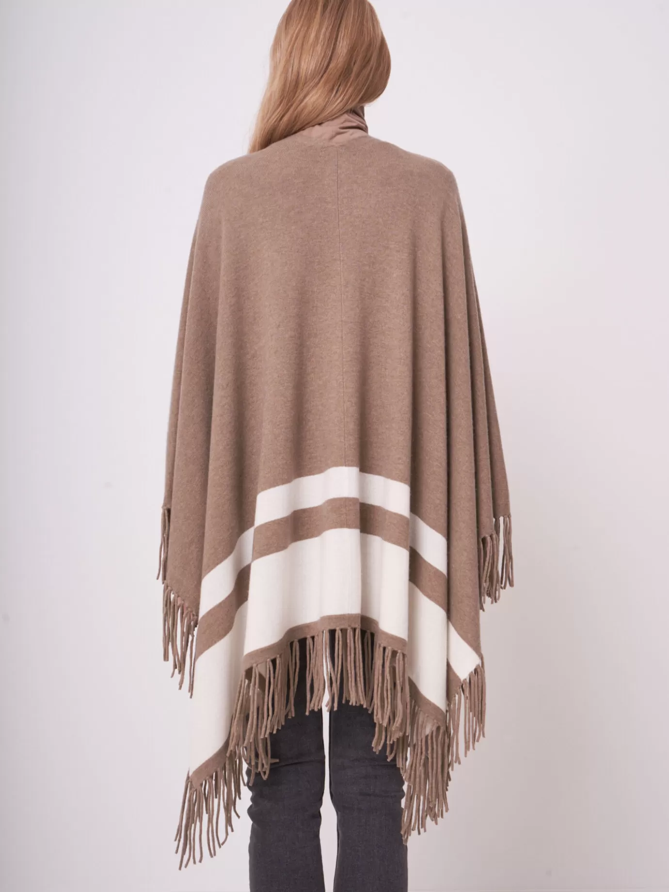 REPEAT cashmere Poncho's<Cape Met Strepen En Franje Van Cashmere Melange Taupe/Creme