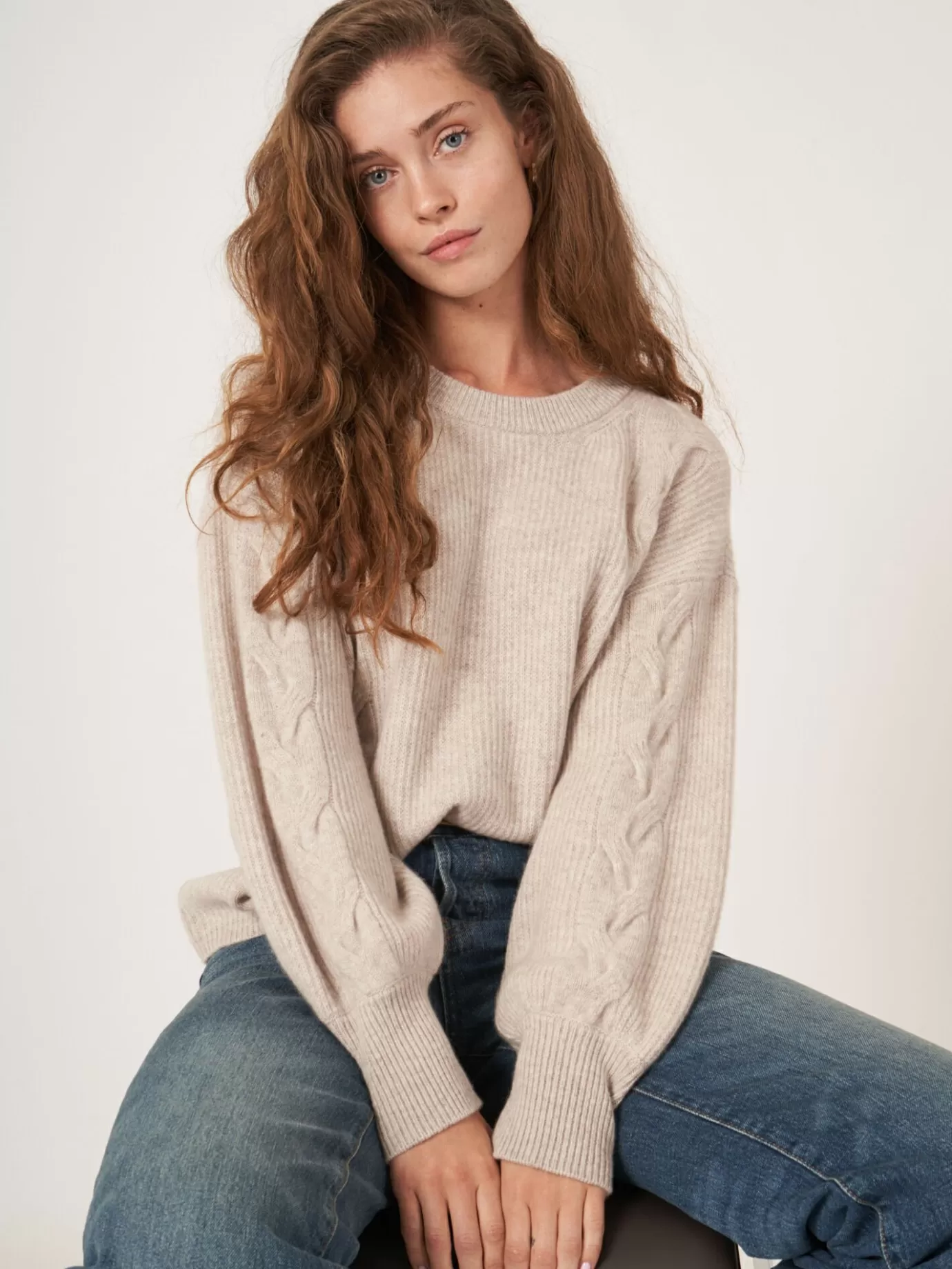 REPEAT cashmere Truien<Cashmere Pullover Met Textuur En Pofmouwen Beige