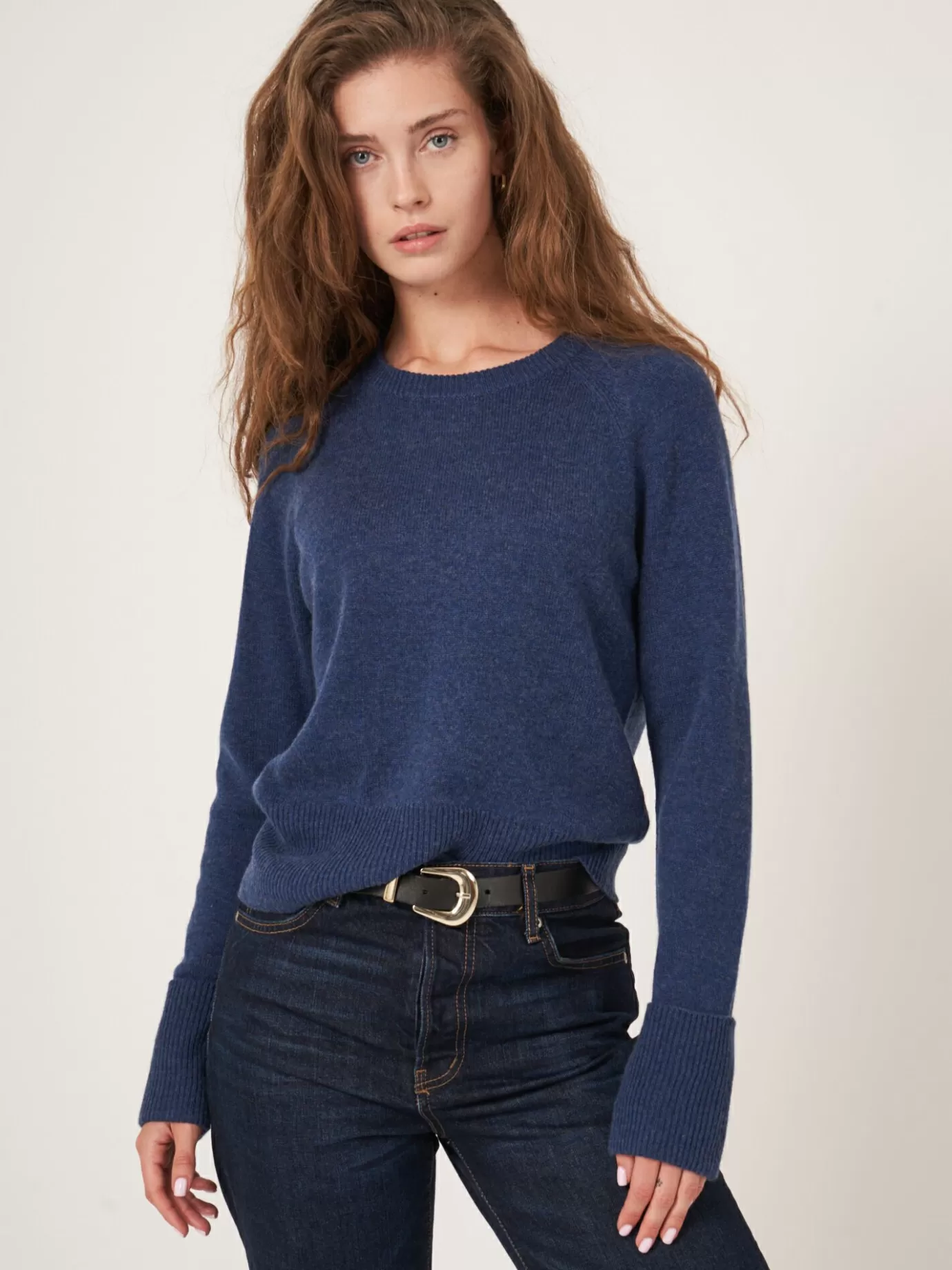 REPEAT cashmere Truien<Cashmere Raglantrui Met Opgerolde Mouwen Saffier