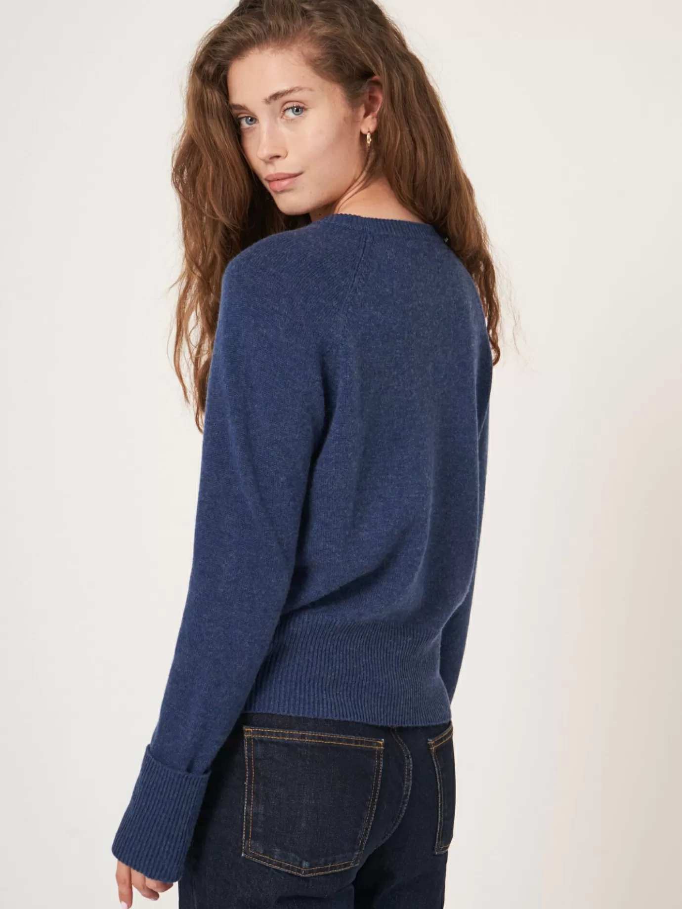 REPEAT cashmere Truien<Cashmere Raglantrui Met Opgerolde Mouwen Saffier