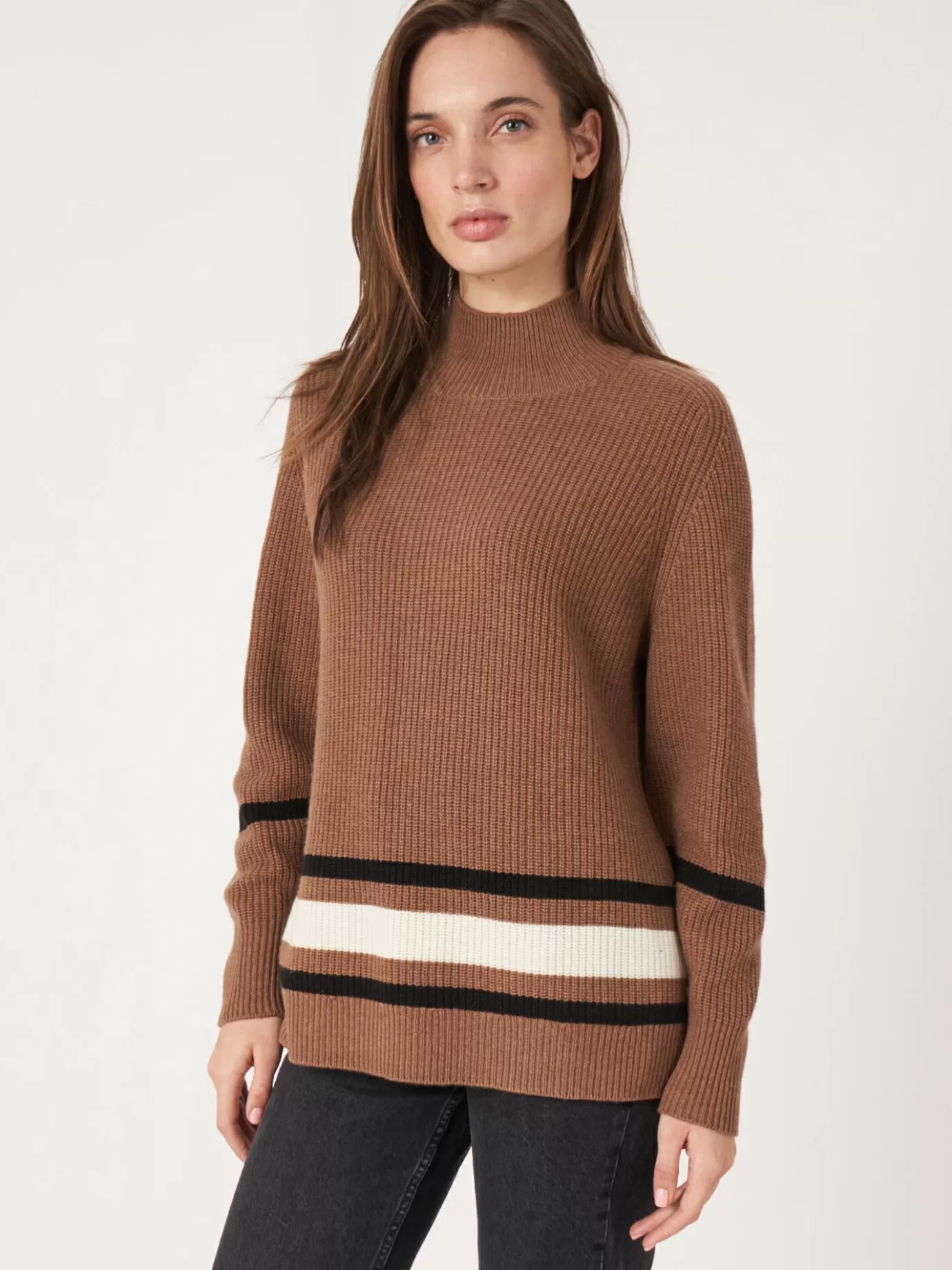 REPEAT cashmere Truien<Cashmere Sweater Met Hoge Hals En Gestreept Detail Hazel