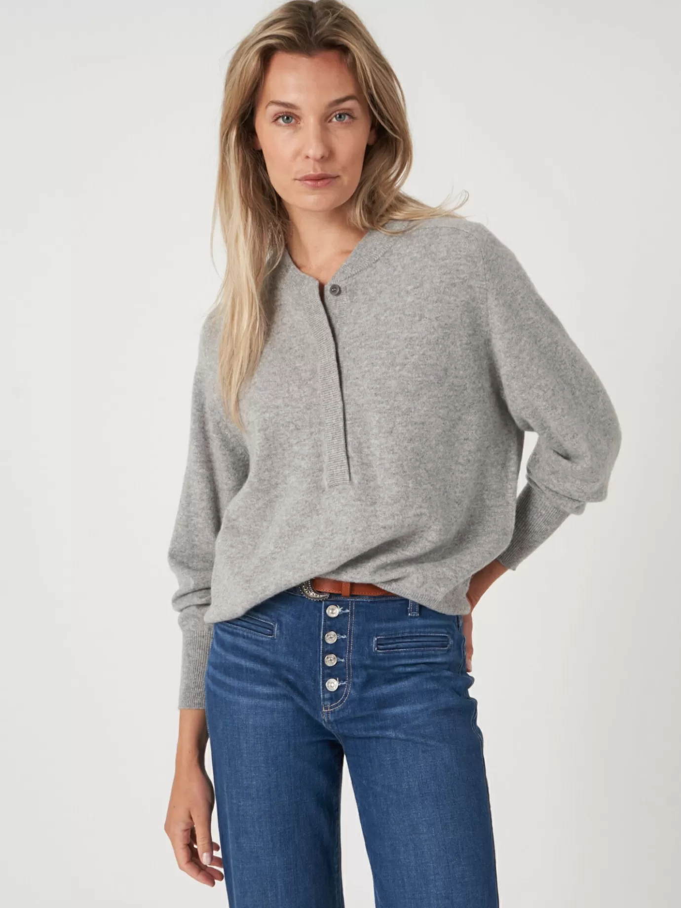 REPEAT cashmere Truien<Cashmere Trui Met Baseballkraag En Halve Knoopsluiting Lichtgrijs