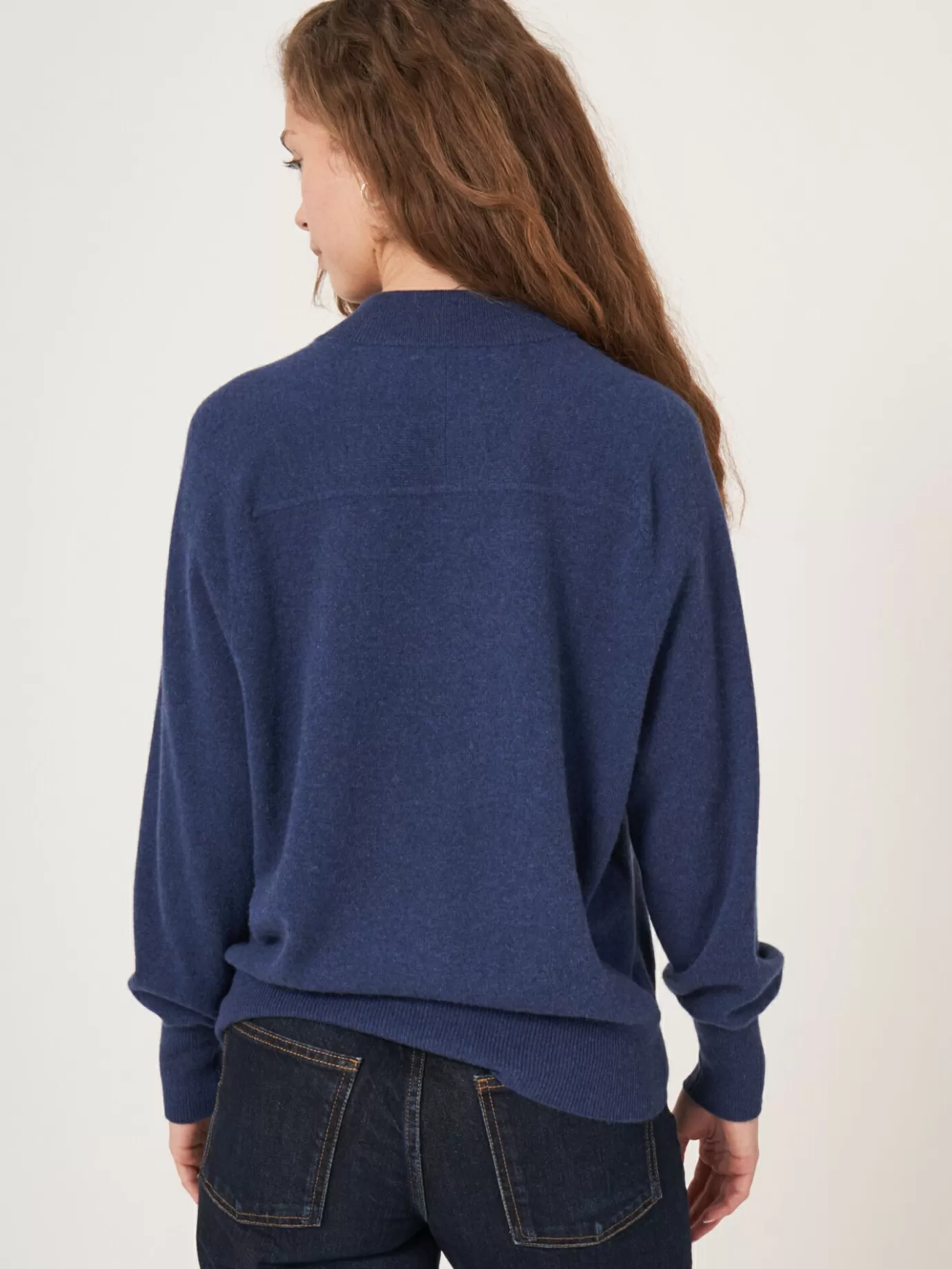 REPEAT cashmere Truien<Cashmere Trui Met Baseballkraag En Halve Knoopsluiting Saffier