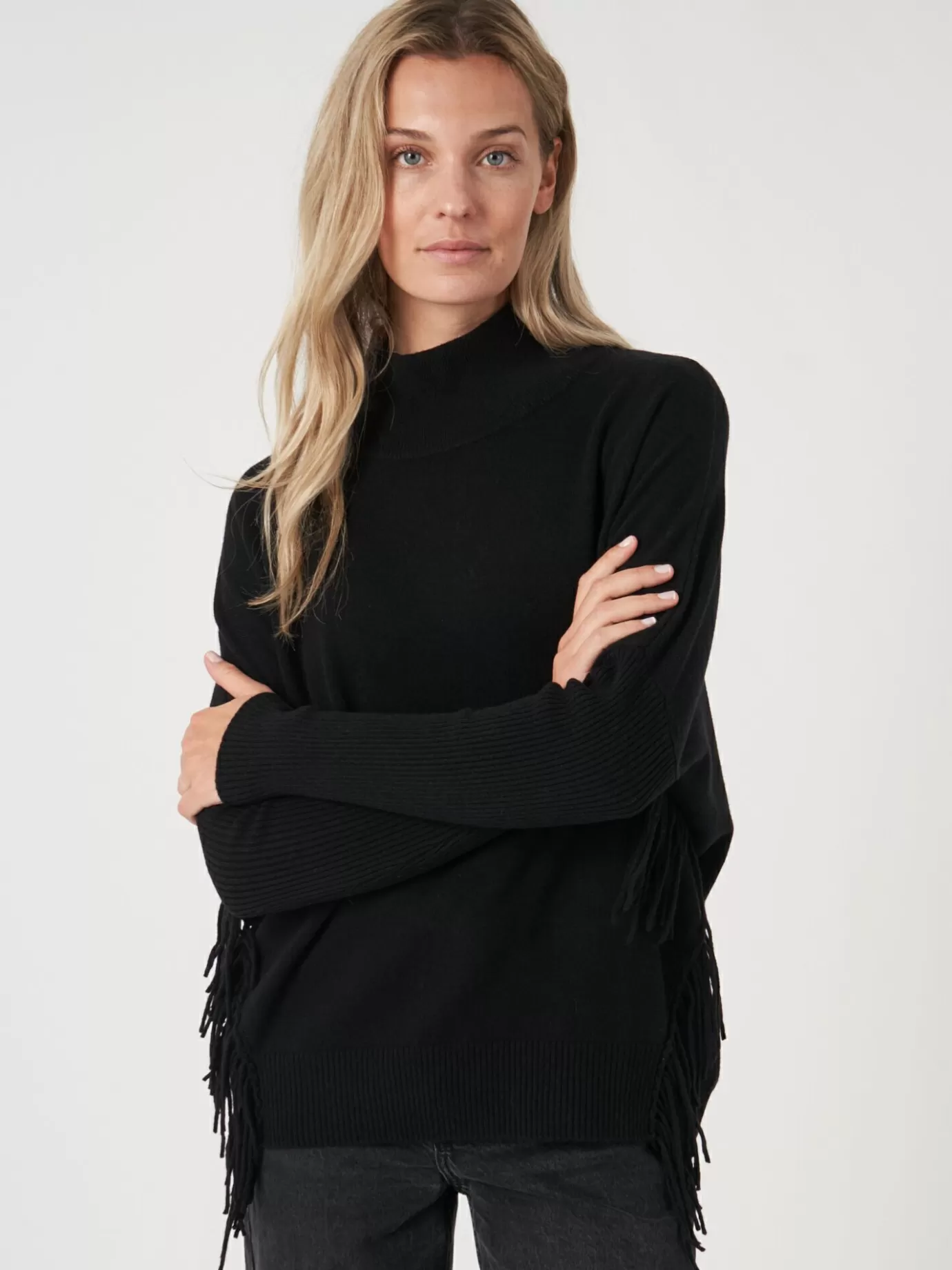 REPEAT cashmere Truien<Cashmere Trui Met Franje Zwart