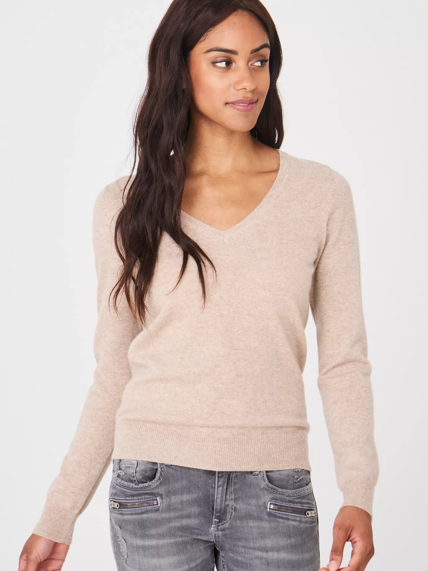 REPEAT cashmere Organic Cashmere<Cashmere Trui Met V-Hals Van Organisch Cashmere Zand