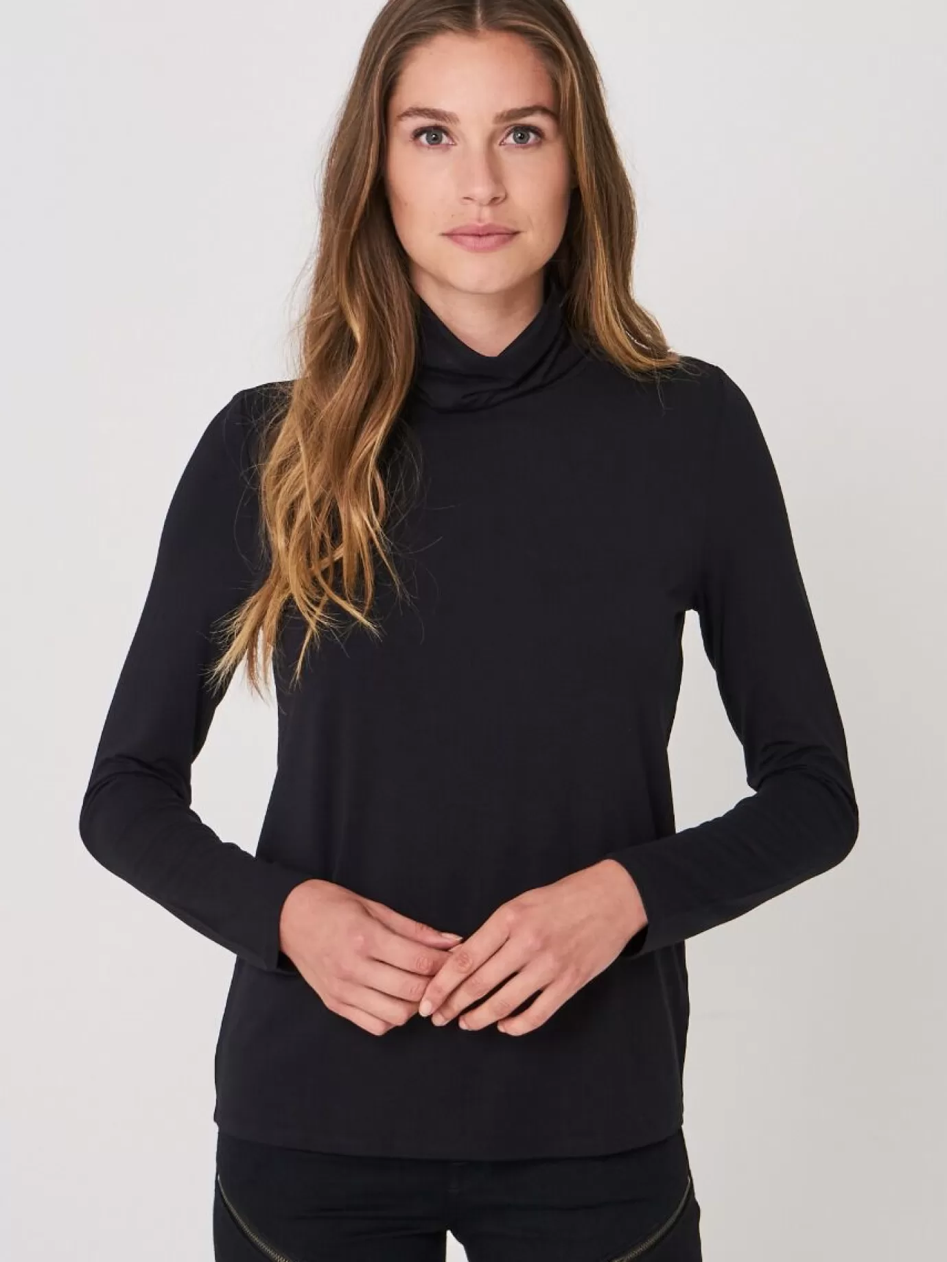 REPEAT cashmere Tops<Coltrui Van Elastische Jersey Zwart