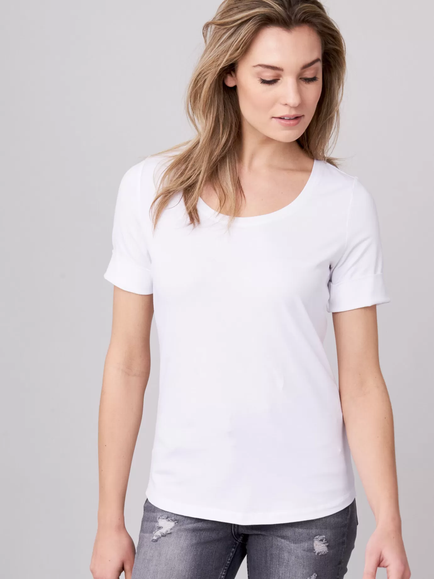 REPEAT cashmere Tops<Dames T-Shirt Met Opgerolde Mouwen Wit