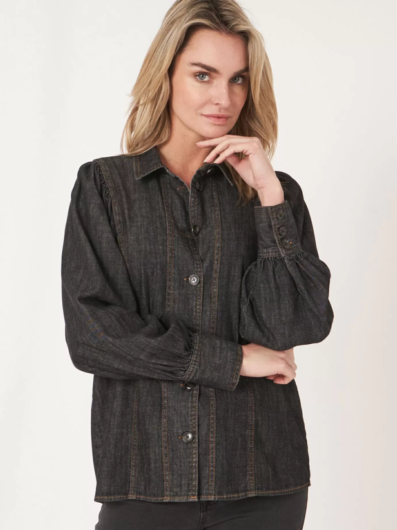 REPEAT cashmere Blouses<Denim Blouse Met Pofmouwen Dk. Grijs