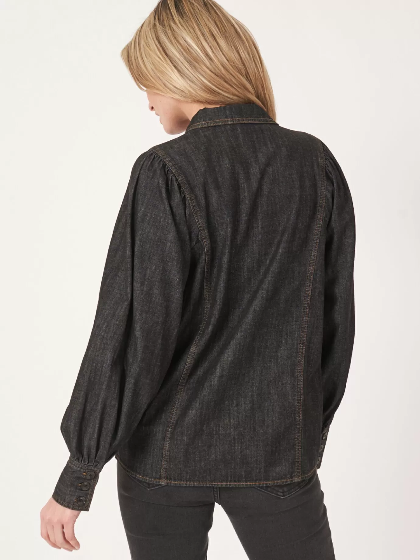 REPEAT cashmere Blouses<Denim Blouse Met Pofmouwen Dk. Grijs