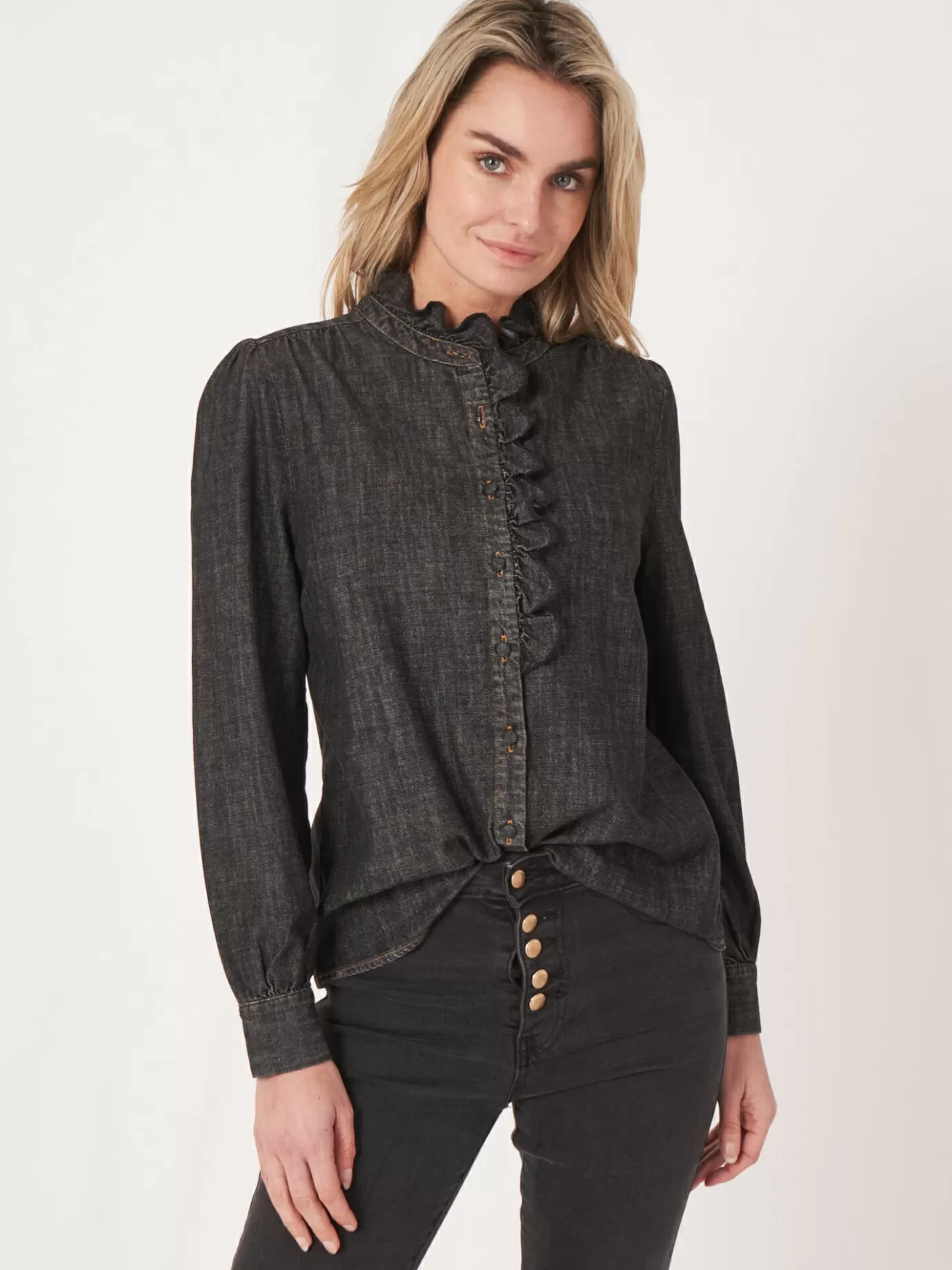 REPEAT cashmere Blouses<Denim Blouse Met Ruche Dk. Grijs