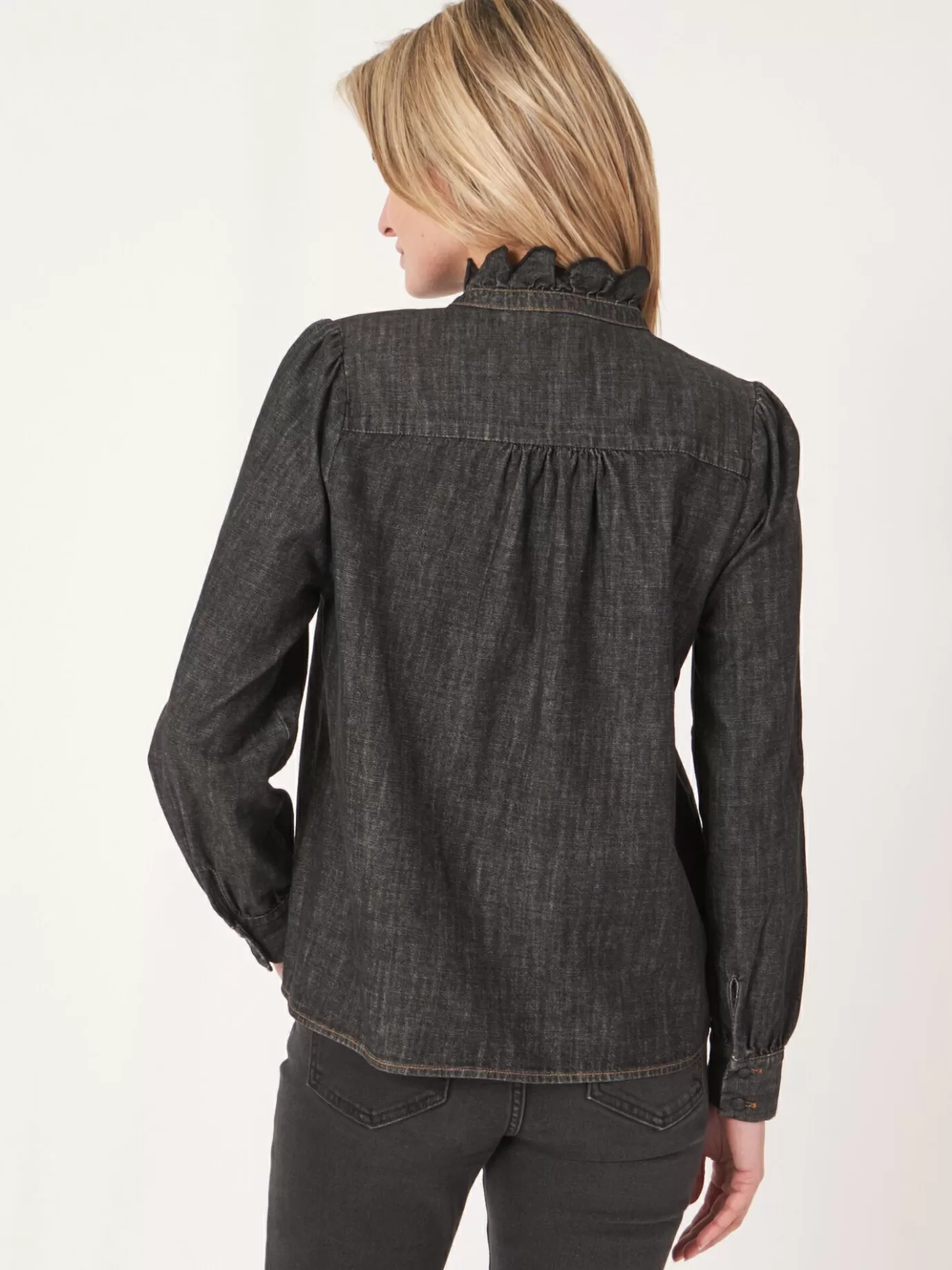 REPEAT cashmere Blouses<Denim Blouse Met Ruche Dk. Grijs