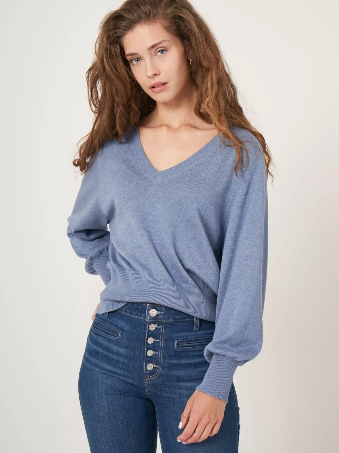 REPEAT cashmere Truien<Diepe V-Hals Trui Met Zadel-Pofmouwen Denim