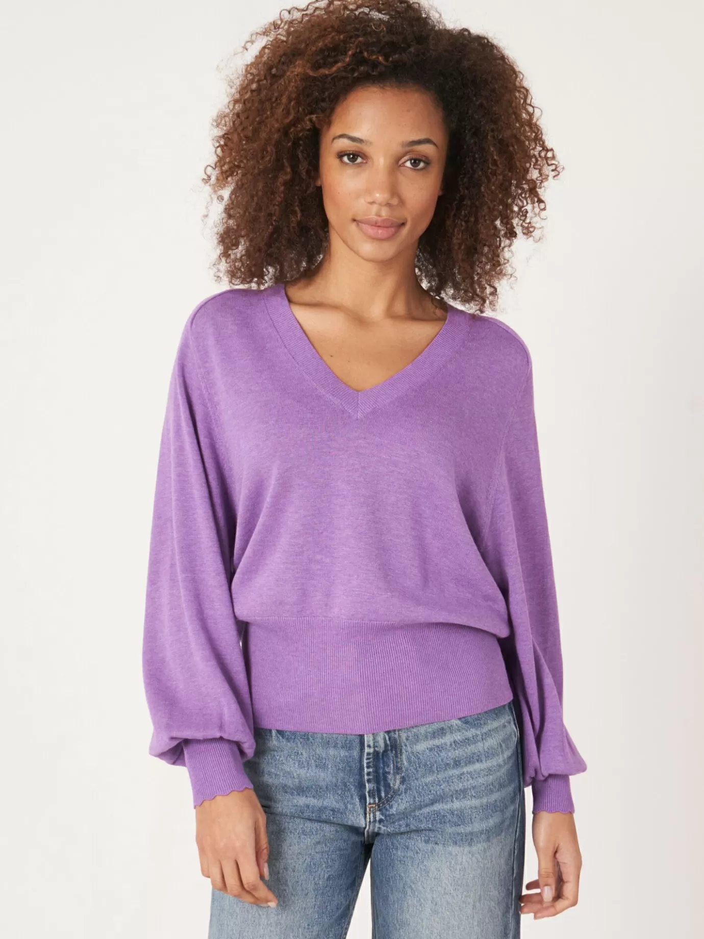 REPEAT cashmere Truien<Diepe V-Hals Trui Met Zadel-Pofmouwen Lila