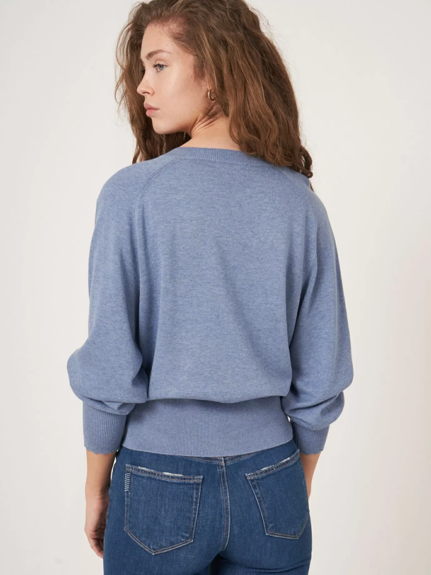 REPEAT cashmere Truien<Diepe V-Hals Trui Met Zadel-Pofmouwen Denim