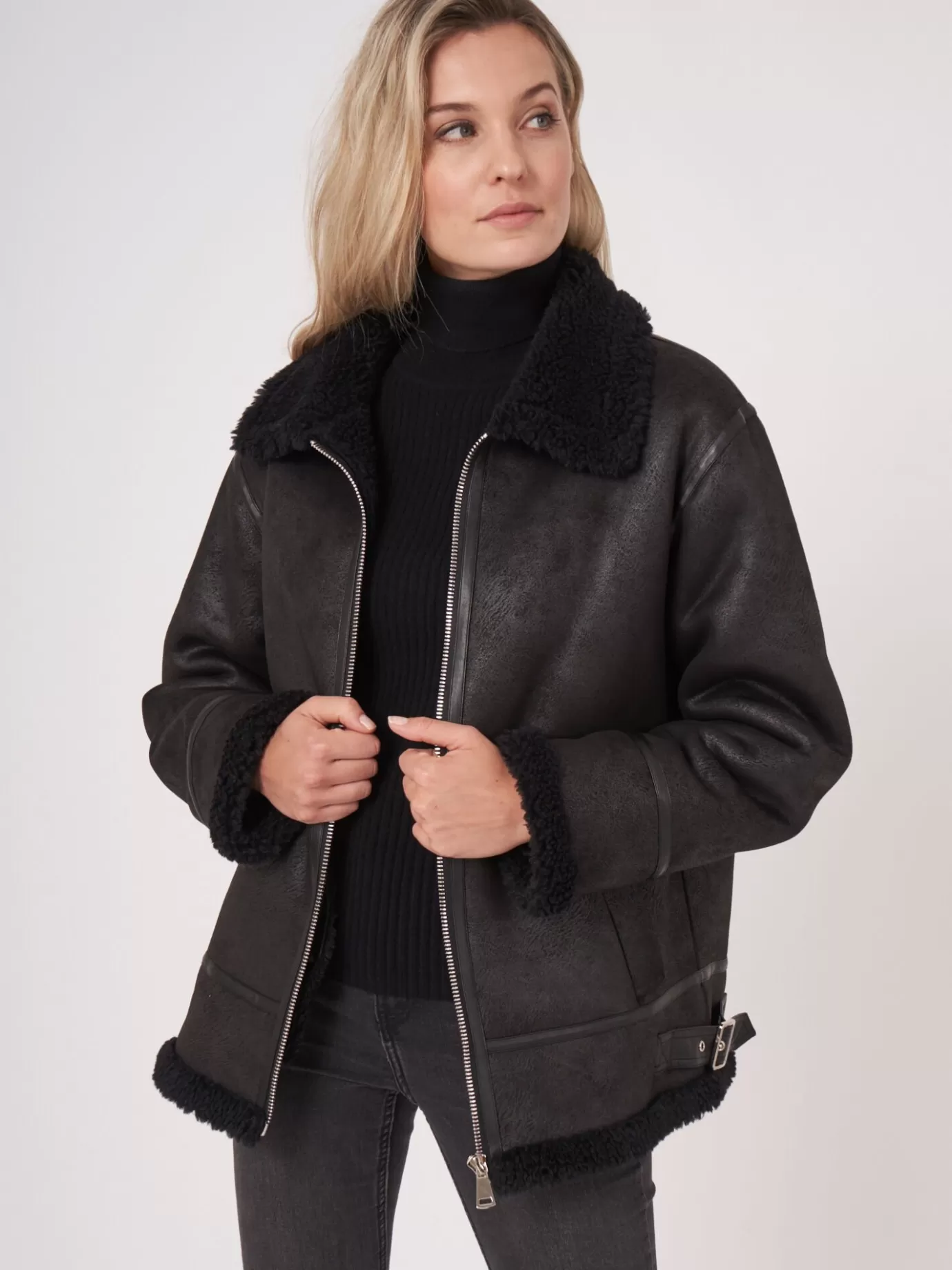 REPEAT cashmere Jassen<Faux Shearling Bikerjas Zwart