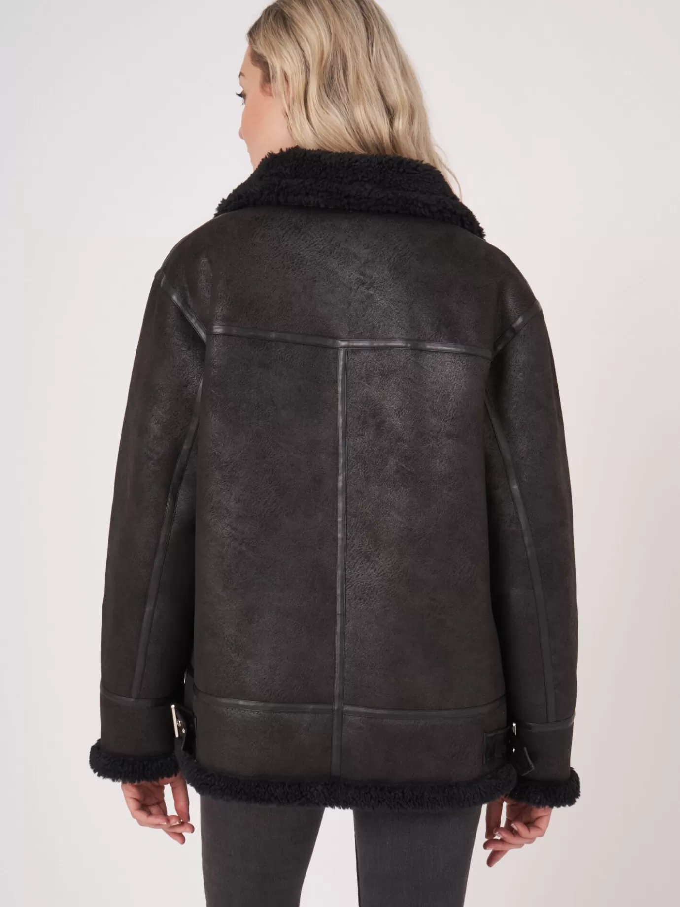 REPEAT cashmere Jassen<Faux Shearling Bikerjas Zwart