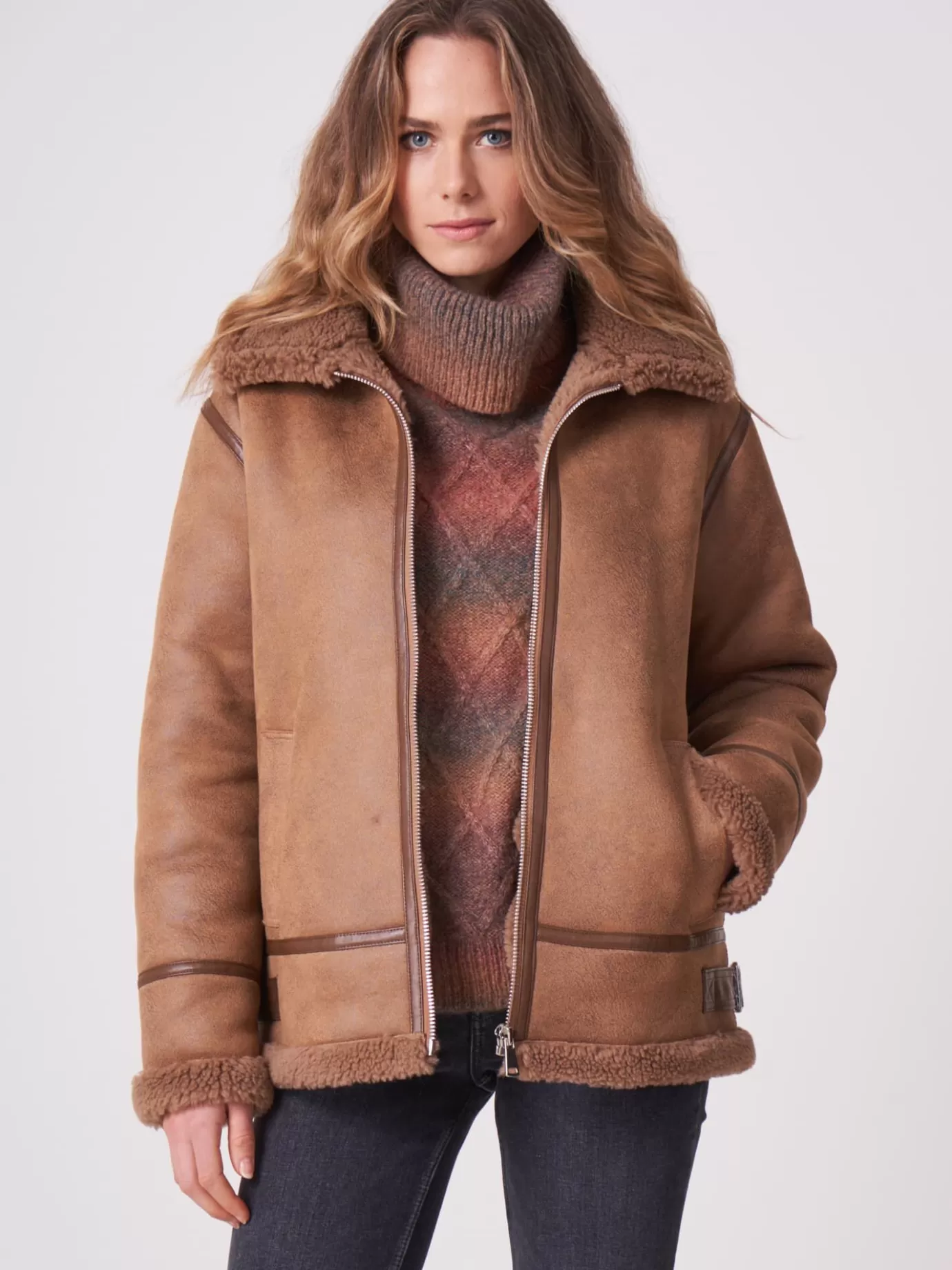 REPEAT cashmere Jassen<Faux Shearling Bikerjas Kameel