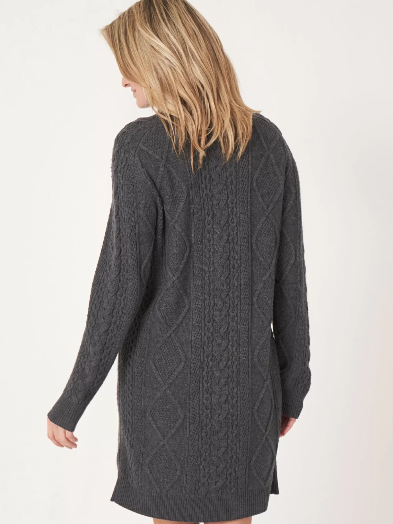 REPEAT cashmere Jurken En Rokken<Gebreide Jurk Met Opstaande Kraag En Kabelpatroon Van Merinowol Donker Grijs