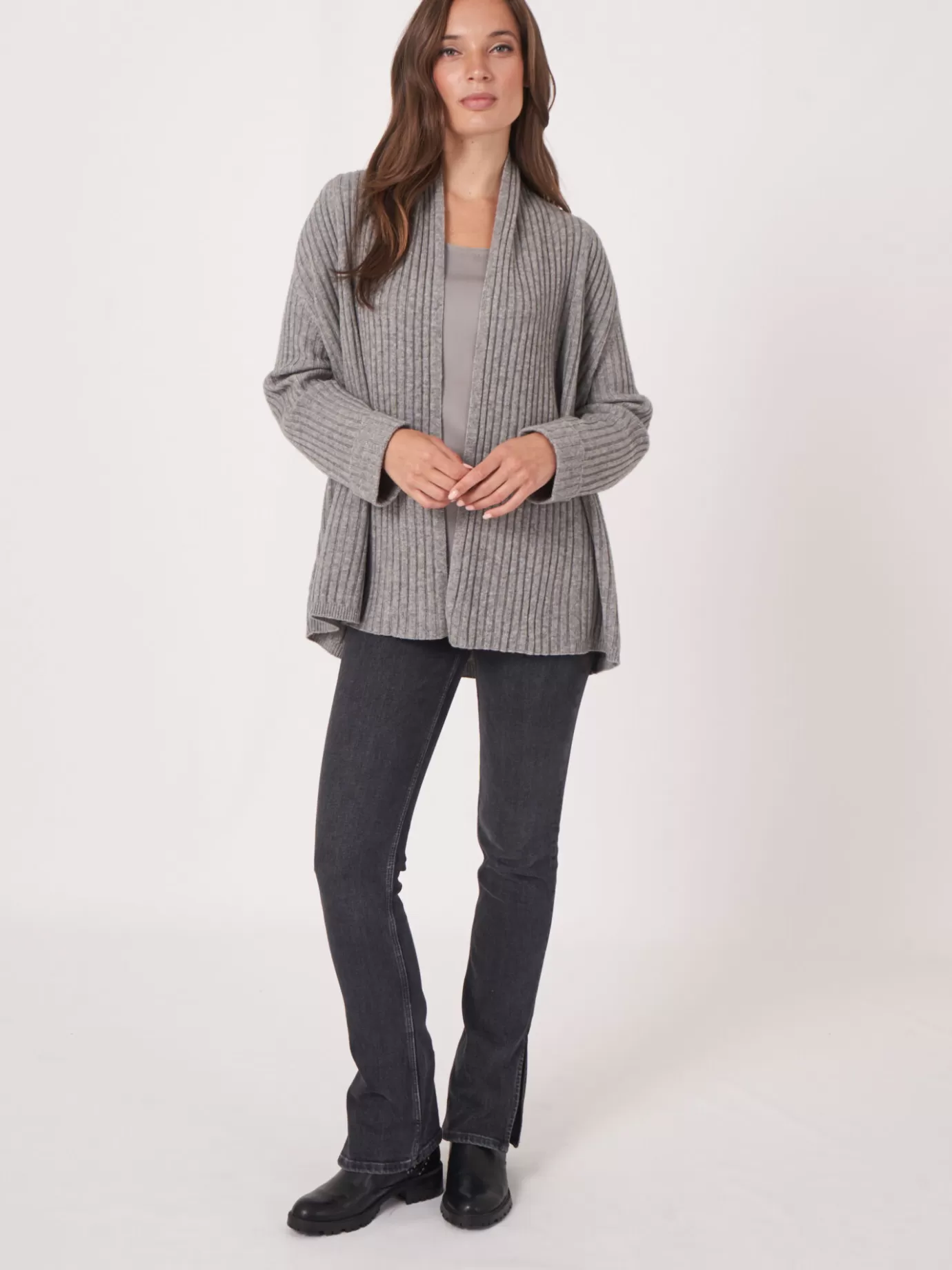 REPEAT cashmere Vesten<Geribd Open Vest Met Sjaalkraag En 3/4 Mouwen Met Omslag Lichtgrijs