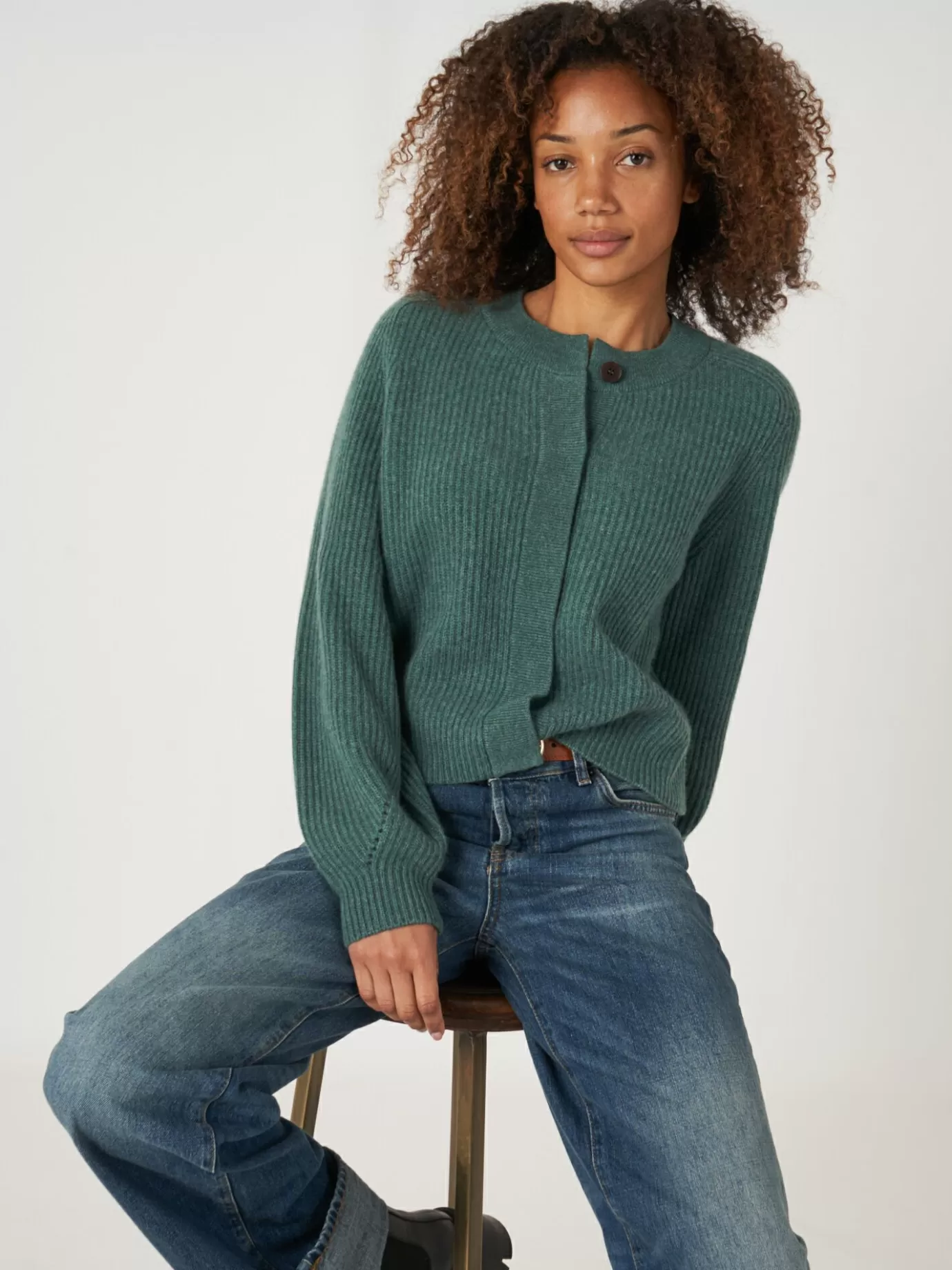 REPEAT cashmere Vesten<Geribde Cashmere Cardigan Met Pofmouwen Kelp