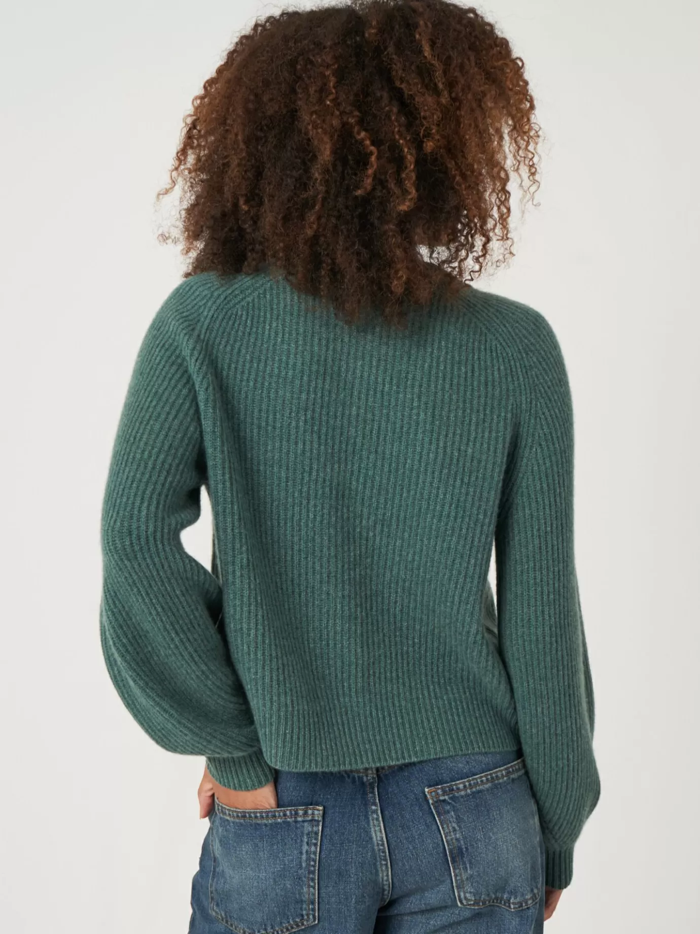 REPEAT cashmere Vesten<Geribde Cashmere Cardigan Met Pofmouwen Kelp