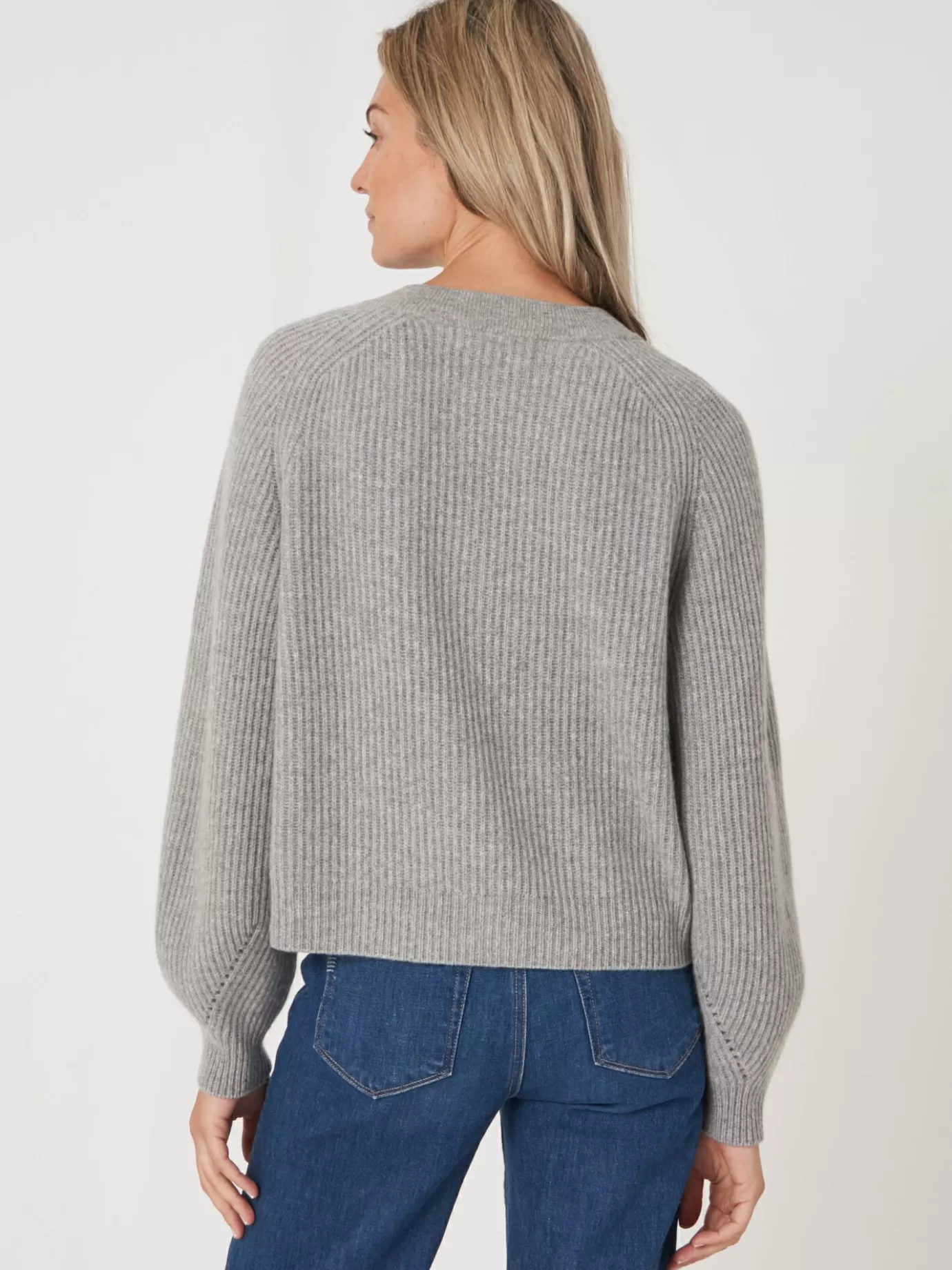 REPEAT cashmere Vesten<Geribde Cashmere Cardigan Met Pofmouwen Lichtgrijs