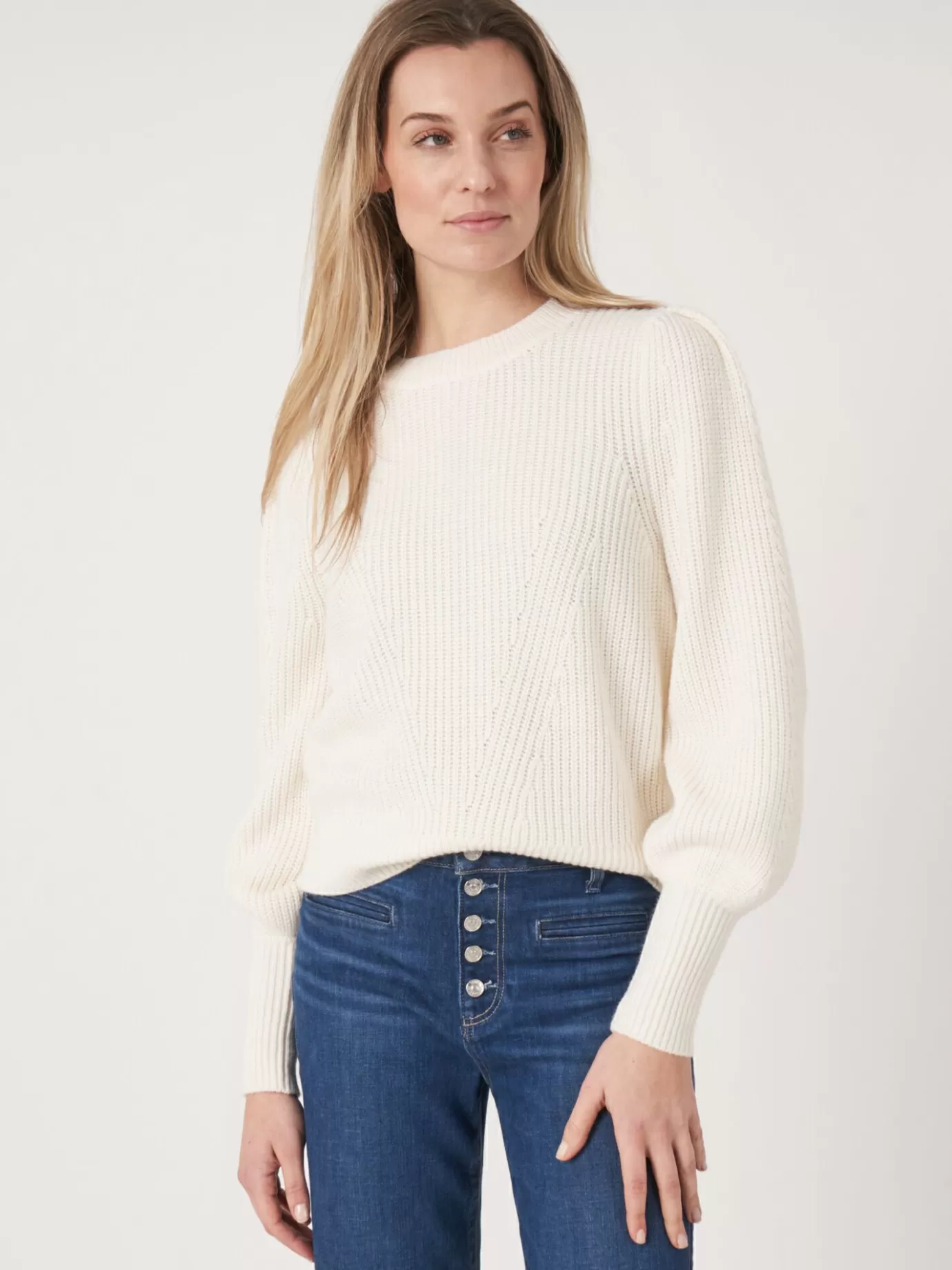 REPEAT cashmere Truien<Geribde Trui Van Merinowol Met Schouderdetail Room