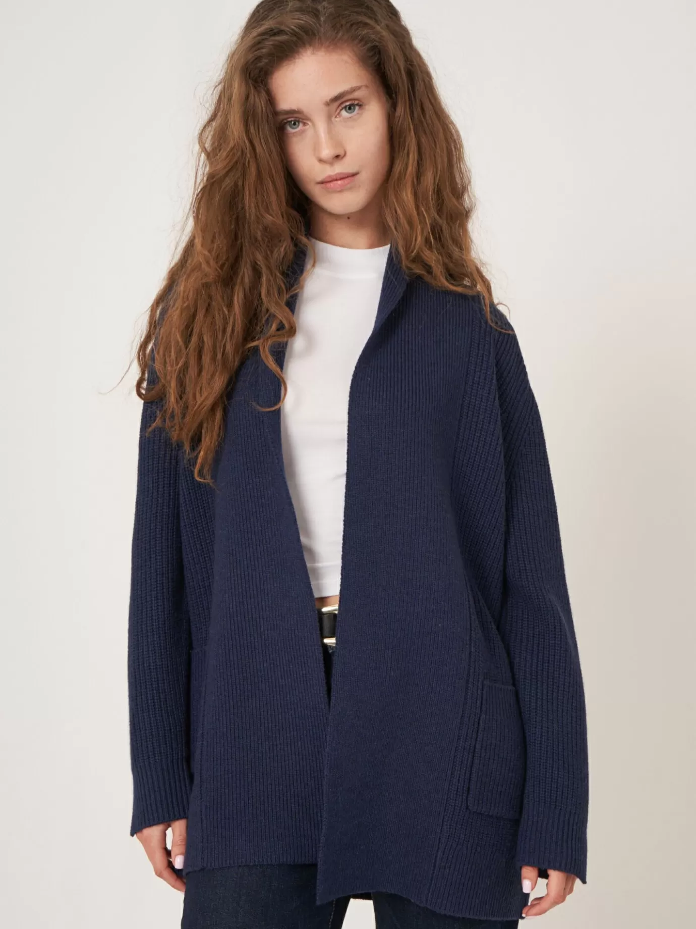 REPEAT cashmere Vesten<Grof Gebreid Geribd Vest Rib Met Zakken Van Merinowol Donkerblauw