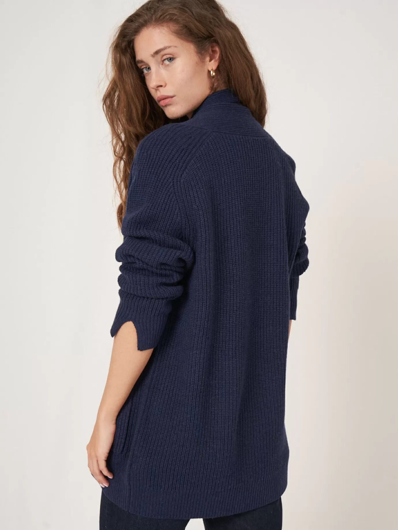 REPEAT cashmere Vesten<Grof Gebreid Geribd Vest Rib Met Zakken Van Merinowol Donkerblauw