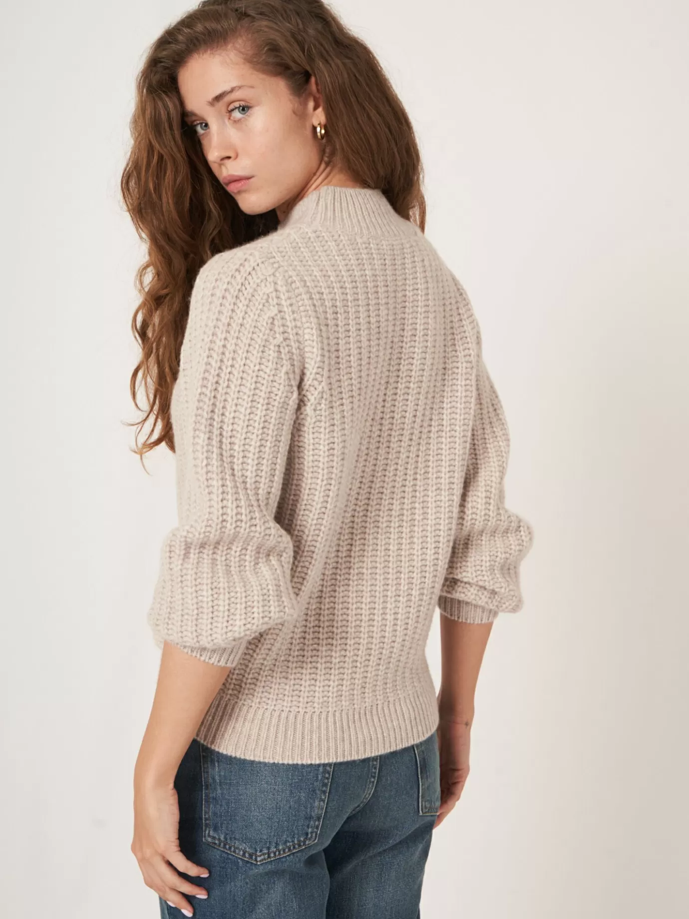 REPEAT cashmere Truien<Grof Gebreide Cashmere Trui Met Rib Beige