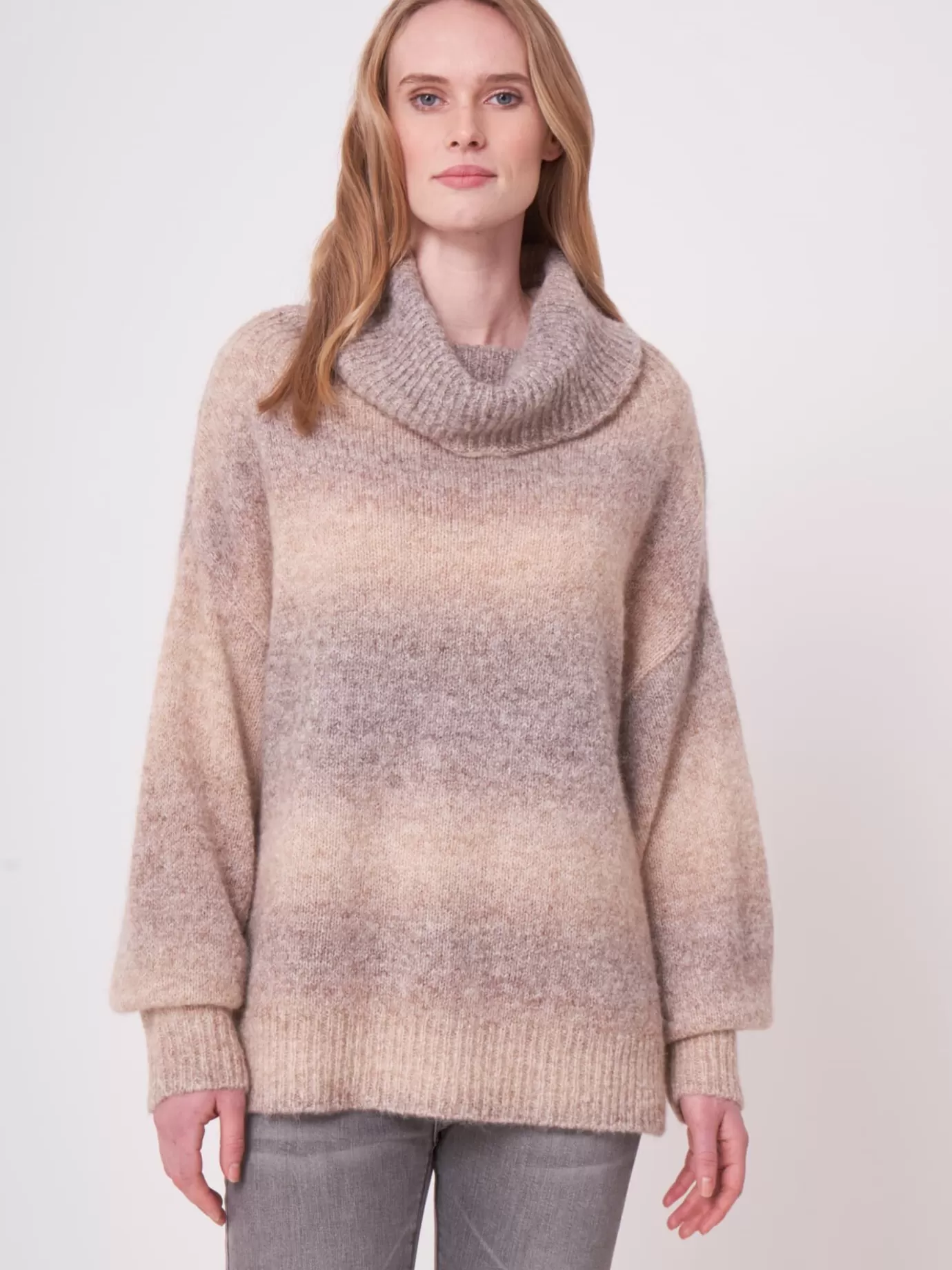 REPEAT cashmere Truien<Grof Gebreide Space-Dye Trui Met Brede Opstaande Kraag Beige